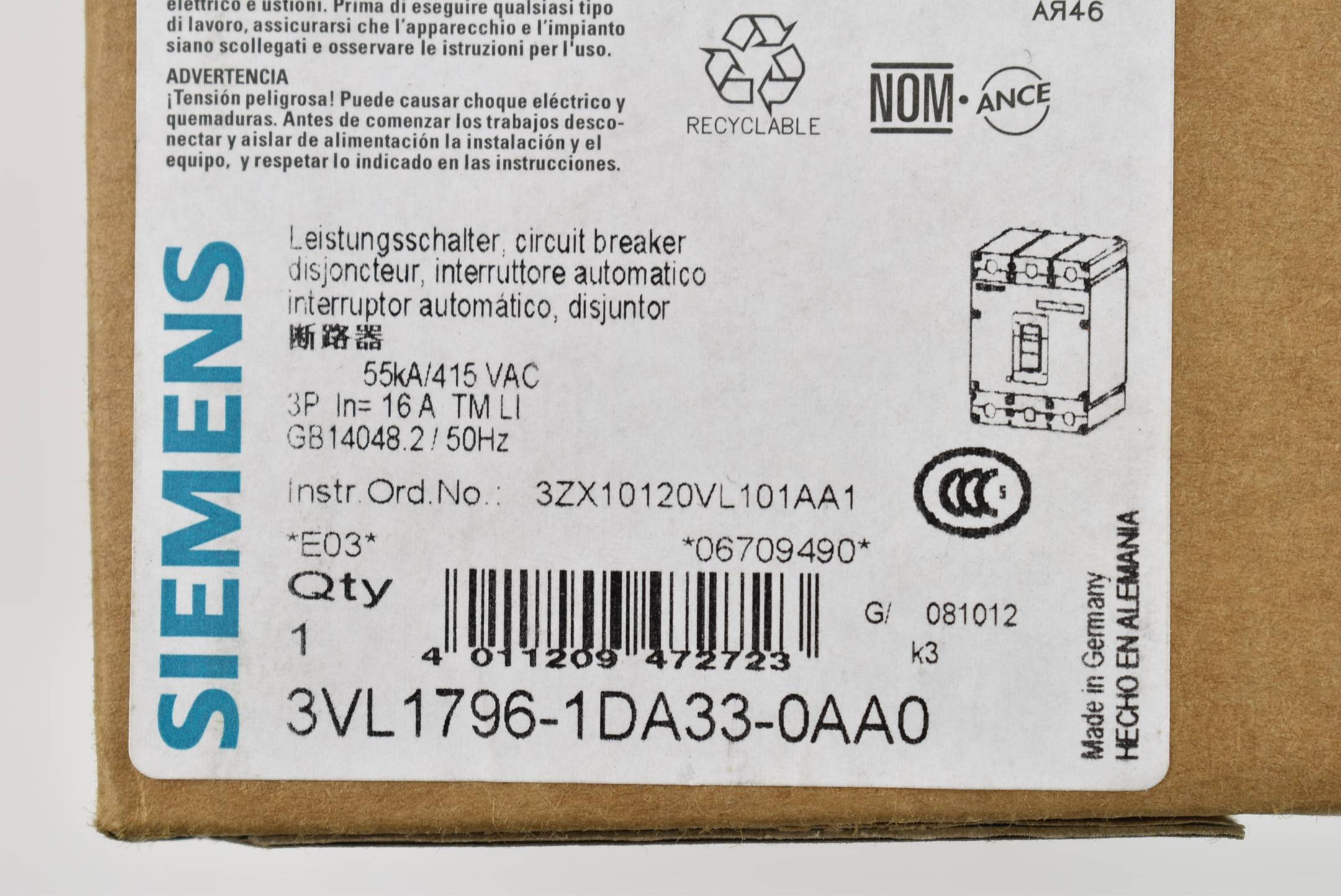 Siemens Leistungsschalter VL160X N 3VL1 796-1DA33-0AA0 ( 3VL1796-1DA33-0AA0 )