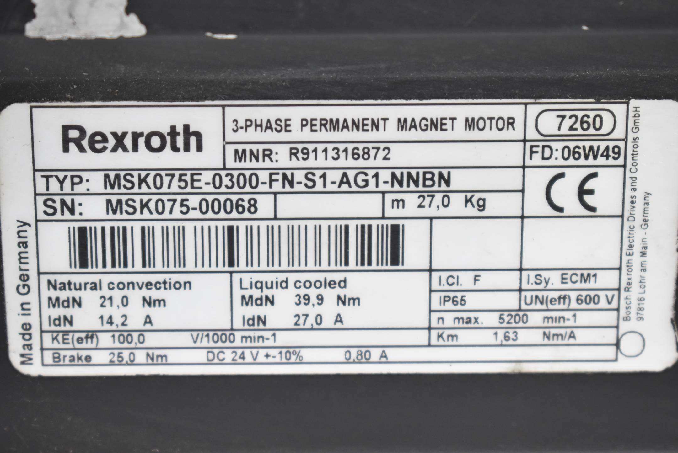 Rexroth Servomotor 21,0Nm 14,2A 5200rpm MSK075E-0300-FN-S1-AG1-NNBN / R911316872