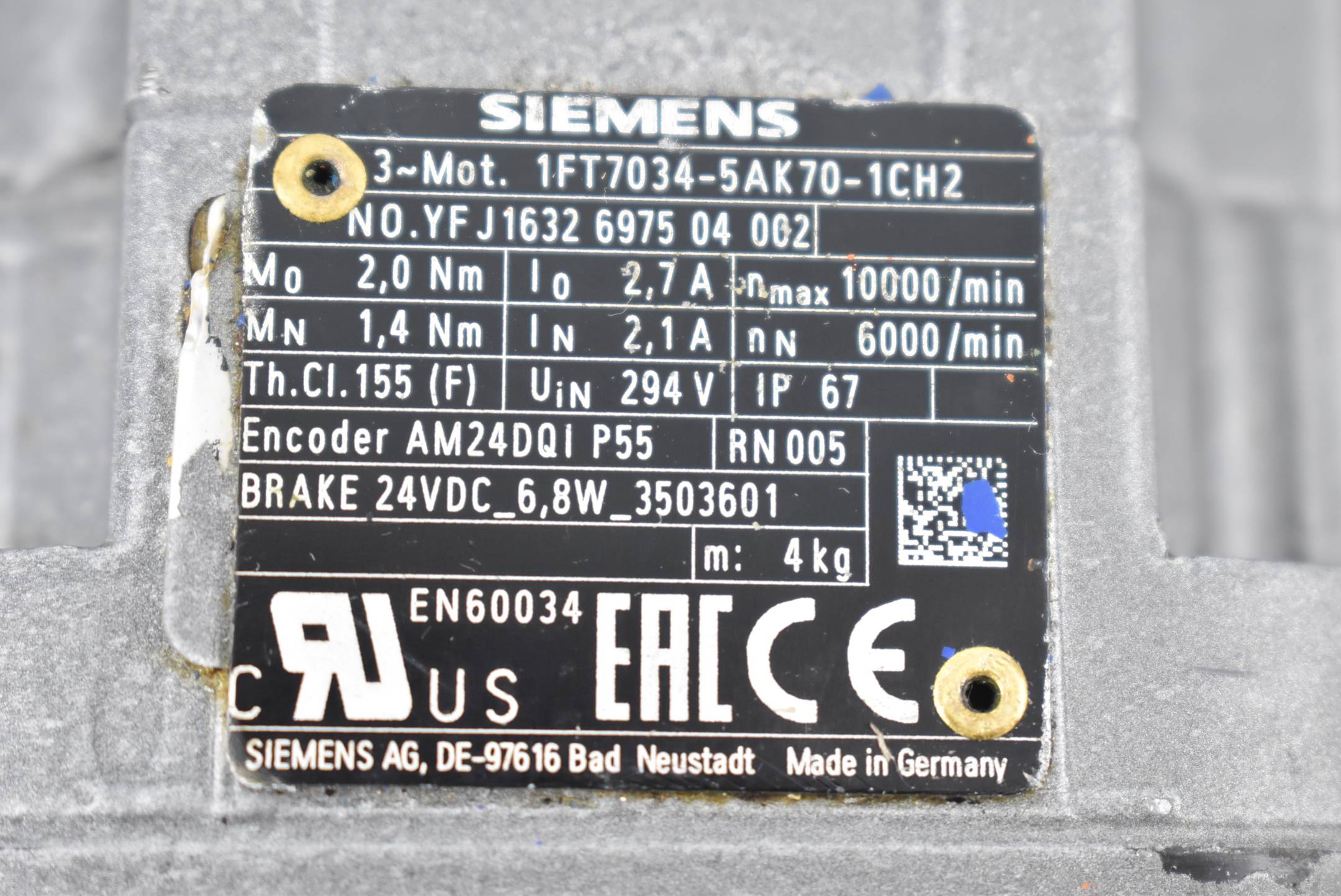 Siemens simotics S Synchronmotor 1FT7 034-5AK70-1CH2 ( 1FT7034-5AK70-1CH2 )