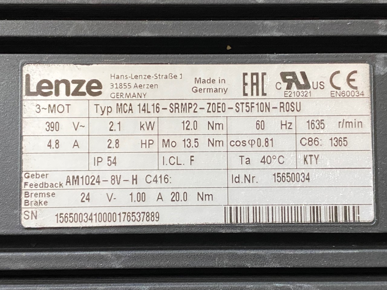 Lenze 3~ Motor MCA 14L16-SRMP2-Z0E0-ST5F10N-R0SU ( MCA14L16 ) inkl. GSS05-2A VBR 14EC16