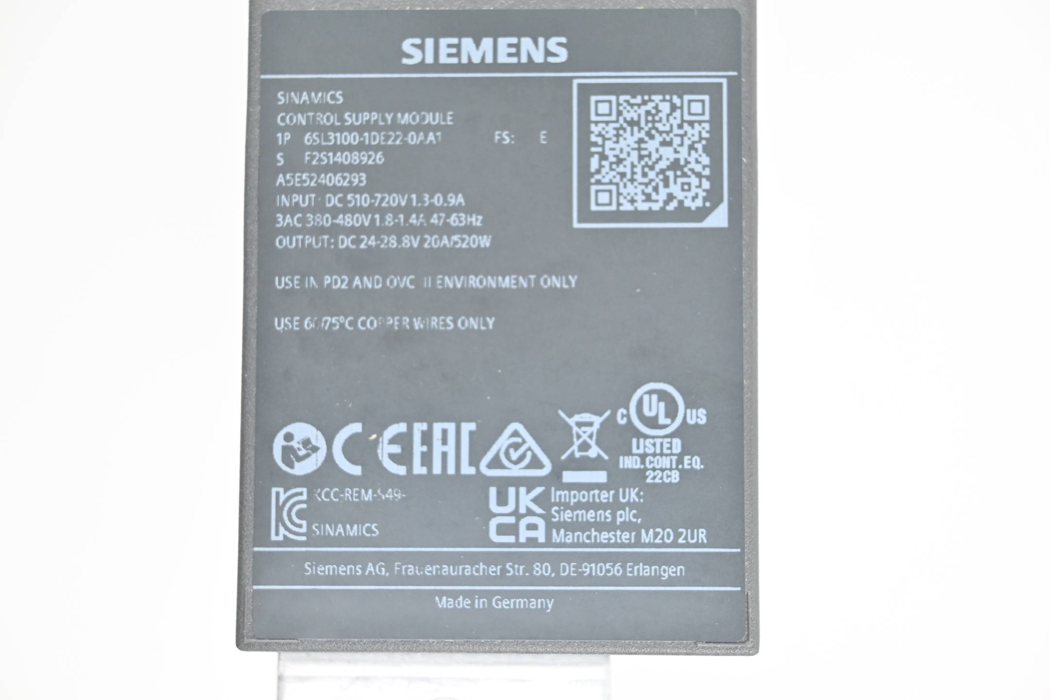 Siemens Sinamics Control Supply Modul 6SL3100-1DE22-0AA1 ( 6SL3 100-1DE22-0AA1 )