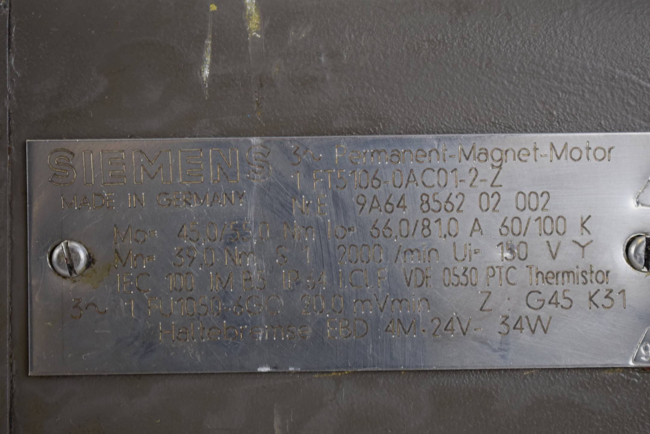 Siemens 3~Permanent-Magnet-Motor 1FT5106-0AC01-2-Z ( 1FT5 106-0AC01-2-Z )