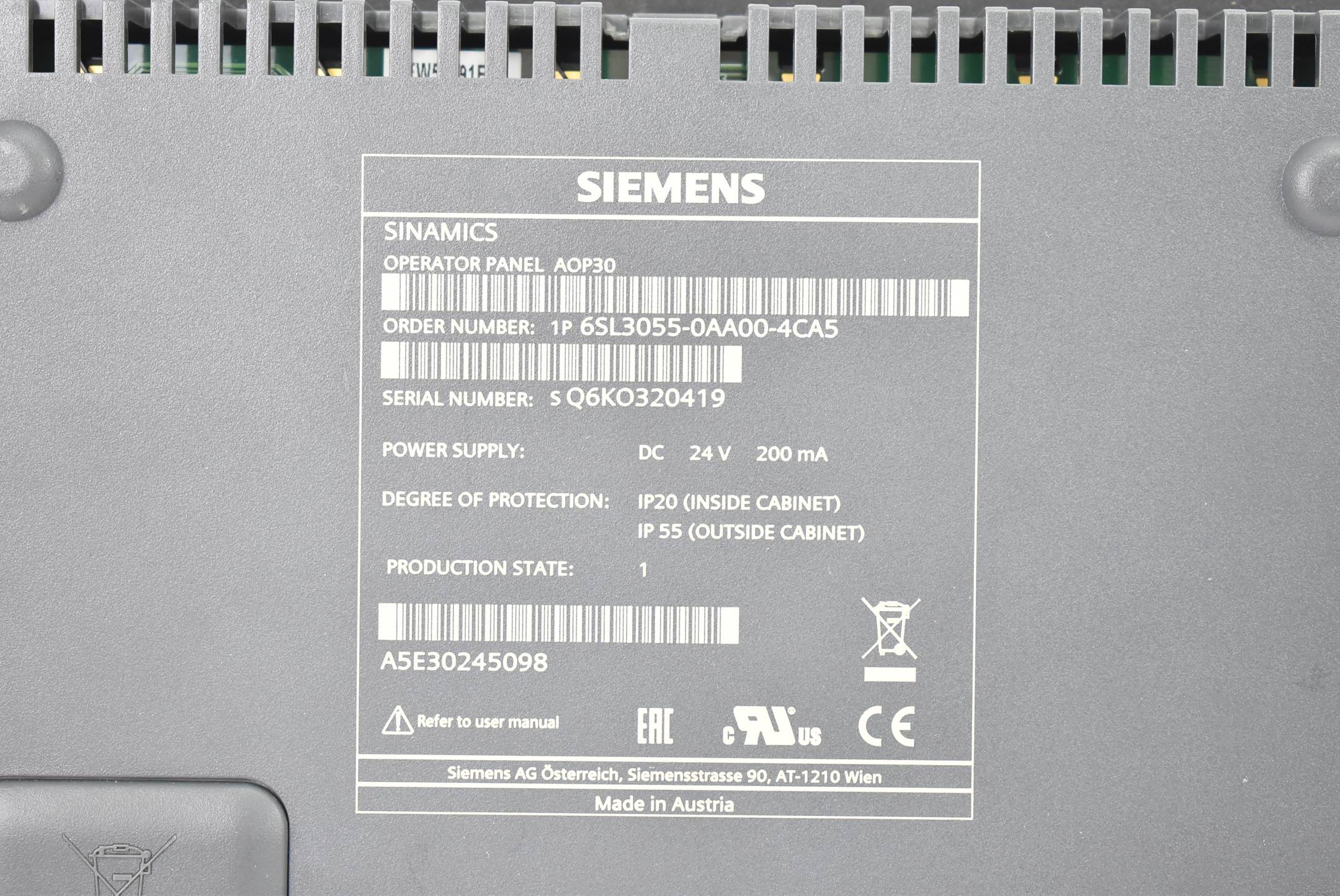 Siemens Bedienfeld AOP30 24VDC 200mA 6SL3055-0AA00-4CA5 ( 6SL3 055-0AA00-4CA5 )