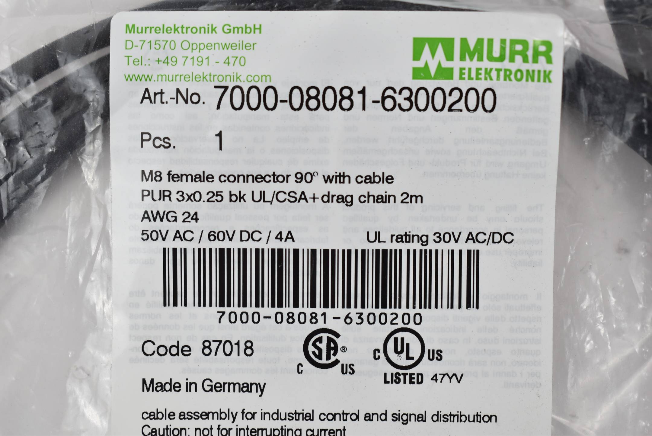 Murr Elektronik Verbindungsleitung 2m 50VAC 60VDC 4A 7000-08081-6300200