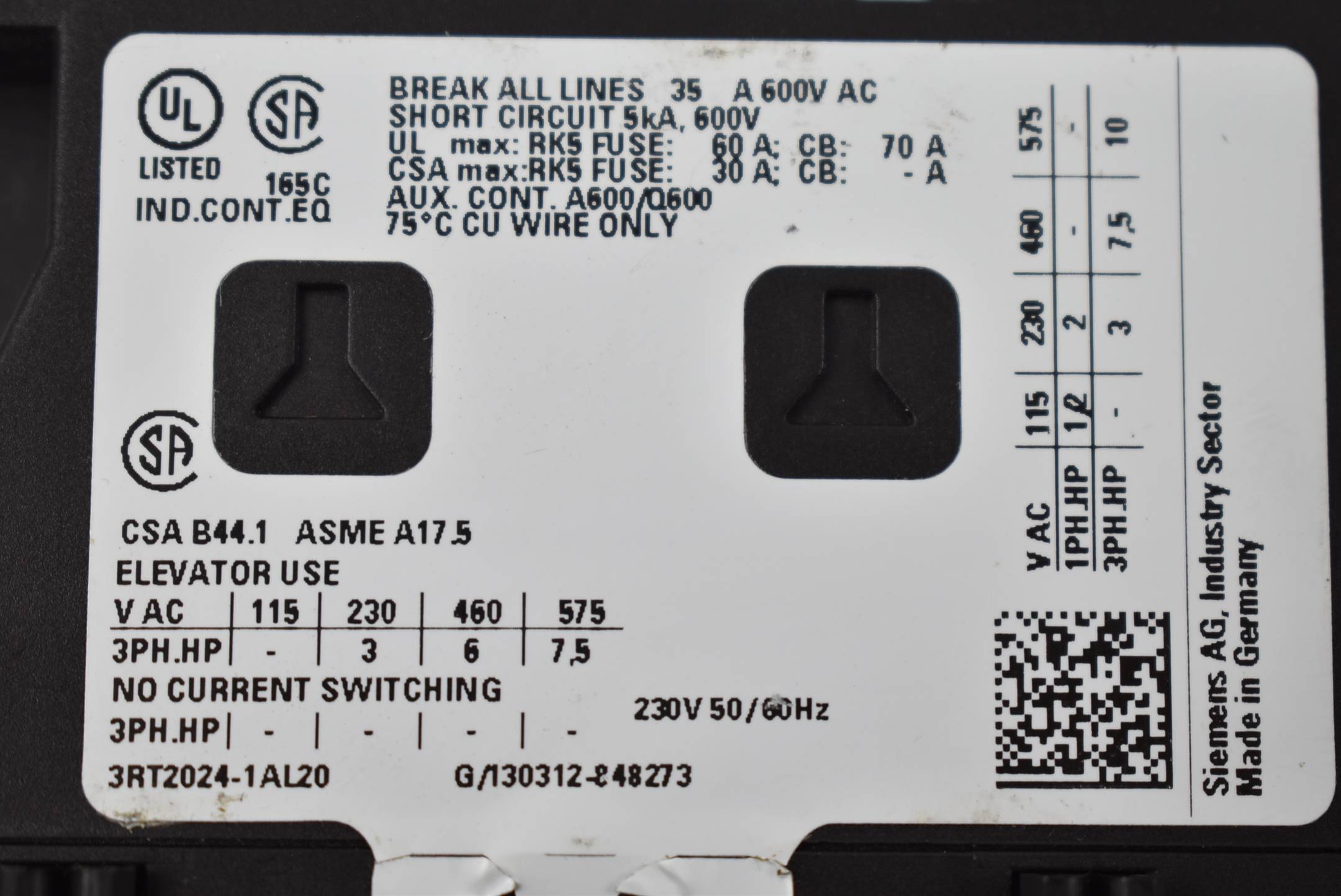 Siemens Leistungsschütz AC-3e/AC-3 12 A 5,5 kW 3RT2 024-1AL20 ( 3RT2024-1AL20 )
