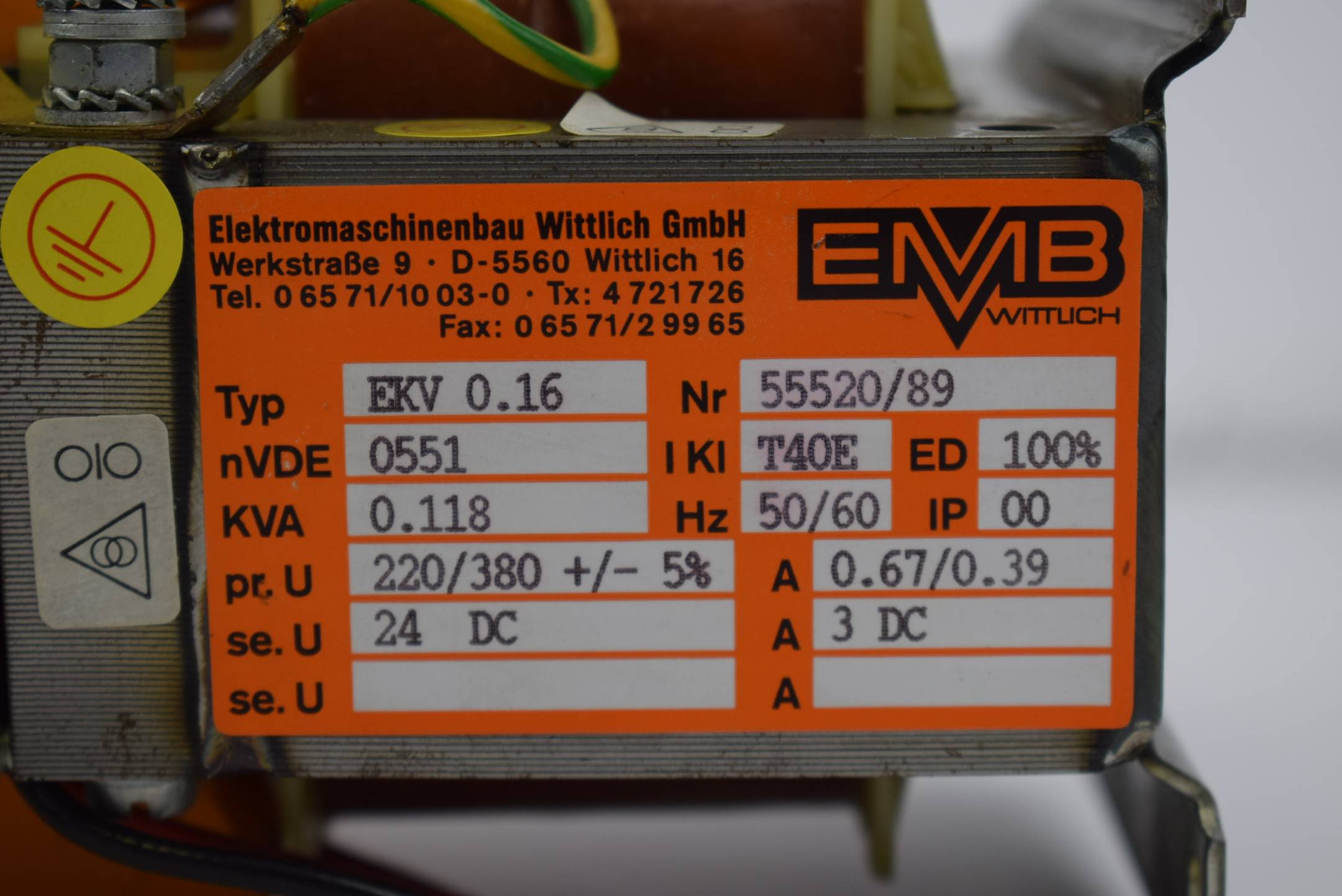 EMB Wittlich Einphasen-Netzgerät Trafo Transformator EKV 0.16 