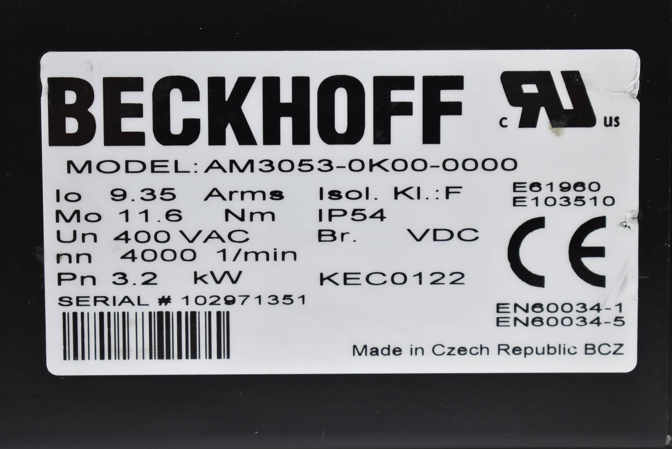 Beckhoff Servomotor 400VAC 4000 1/min. 3,2 kW AM3053-0K00-0000
