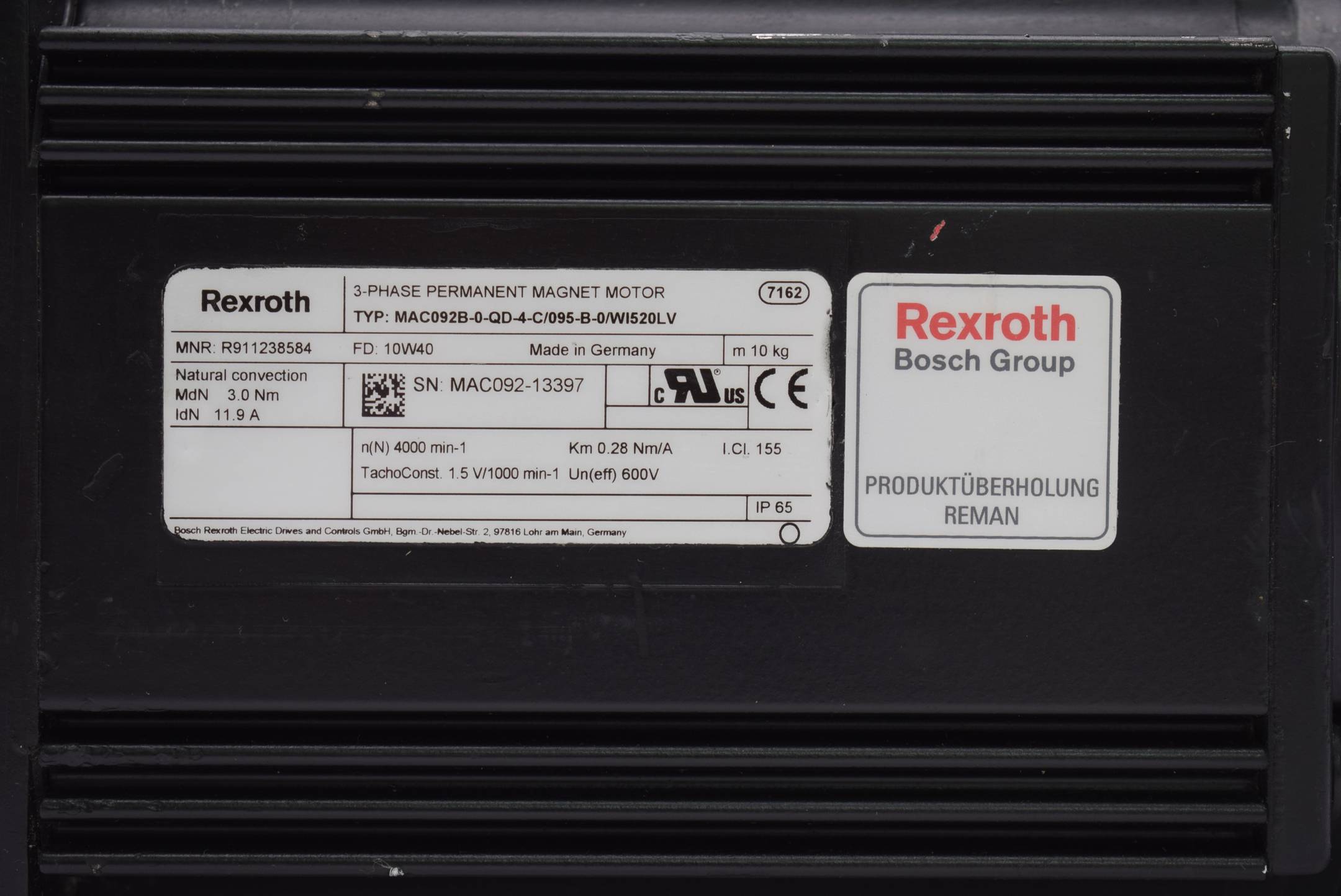 Rexroth 3-Phase Permanent Magnet Motor R911238584 MAC092B-0-QD-4-C/095-B-0/WI520LV