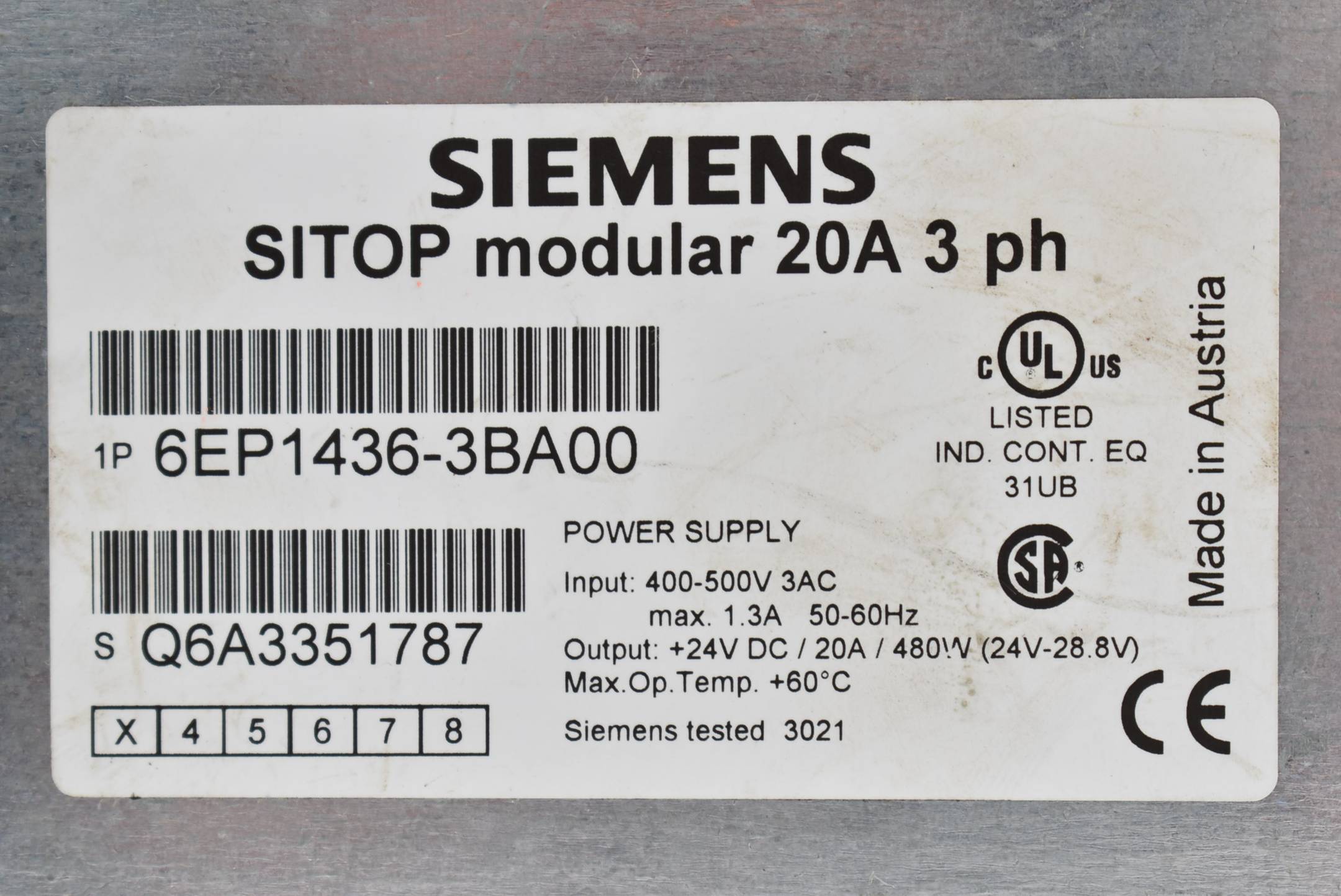 Siemens Sitop Modular 20A 3 ph 6EP1436-3BA00 ( 6EP1 436-3BA00 ) 