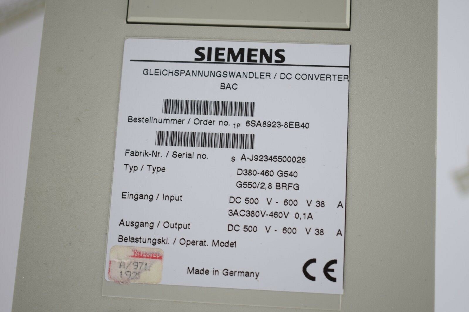 Siemens Gleichspannungswandler 6SA8923-8EB40 ( 6SA8 923-8EB40 )