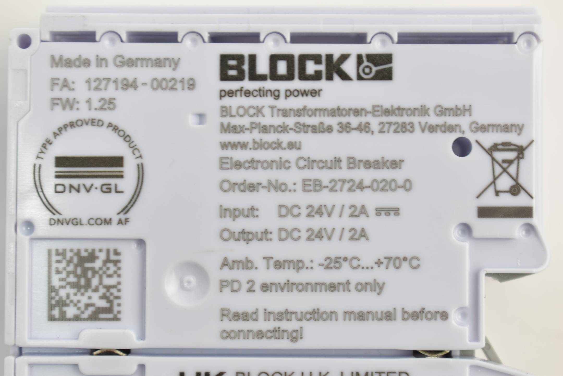 Block Electronic Circuit Breaker DC 24 V 2A EB-2724-020-0 FW:1.25