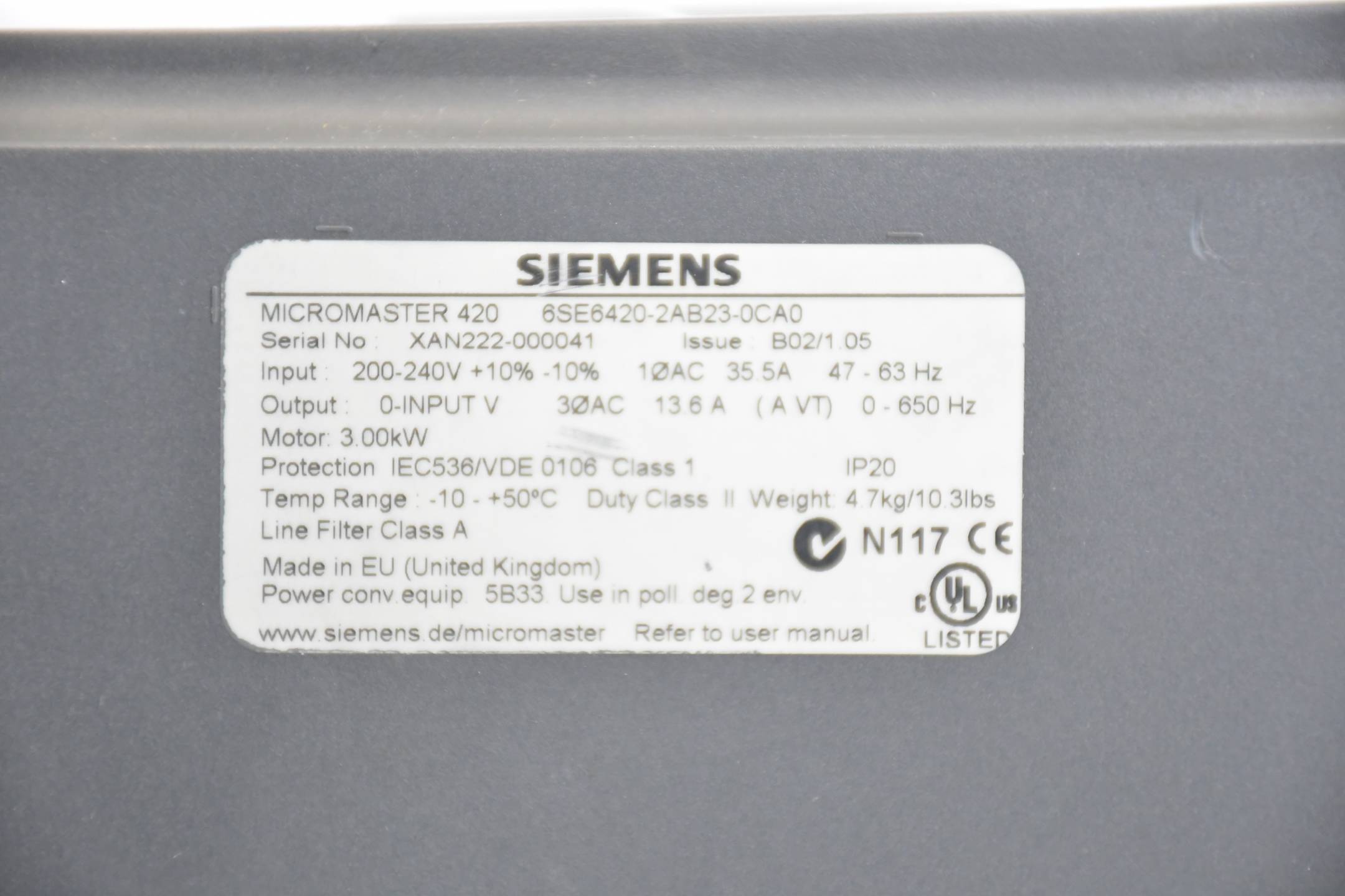 Siemens micromaster 420 6SE6420-2AB23-0CA0 ( 6SE6 420-2AB23-0CA0 ) B02/1.05
