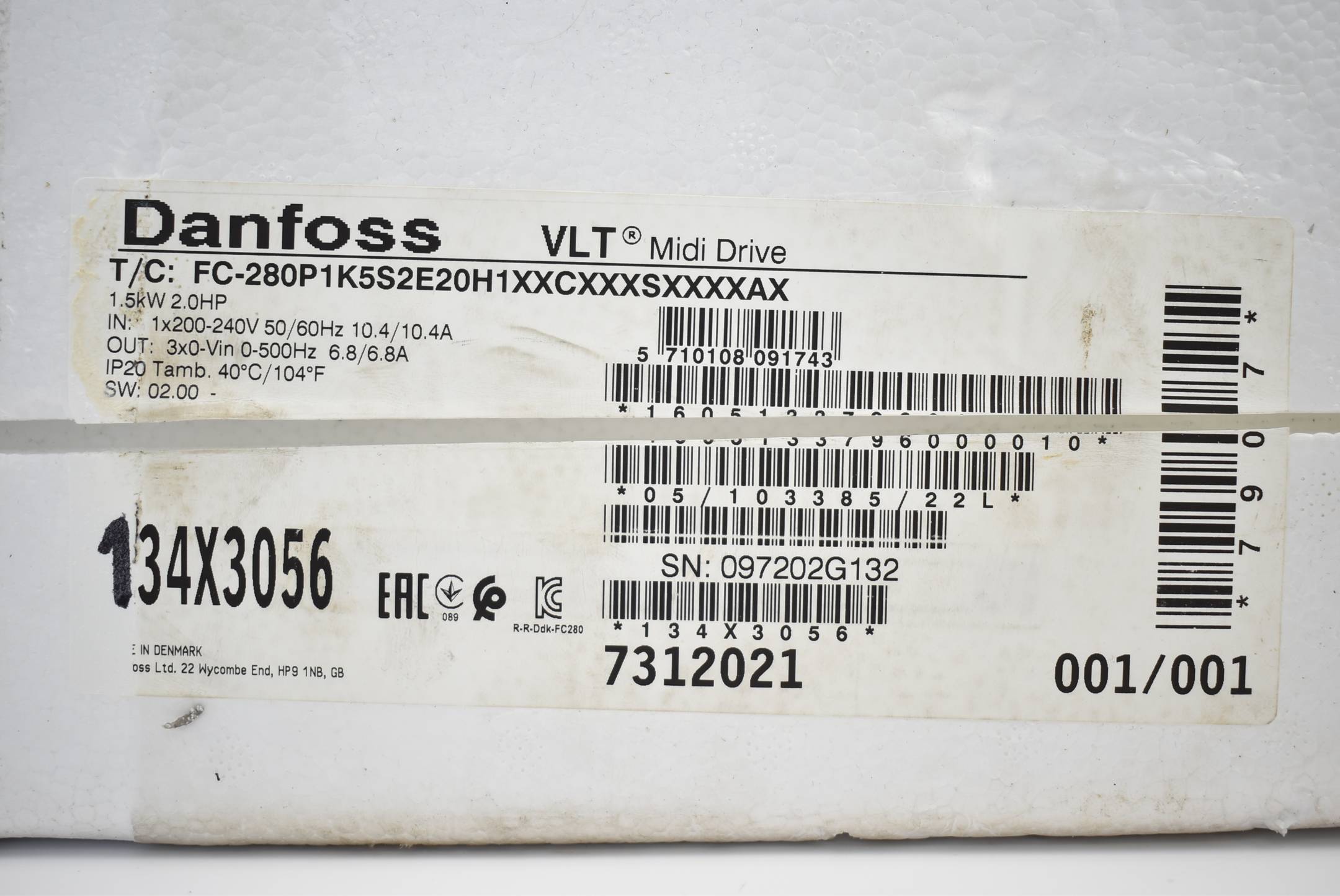 Danfoss VLT® Midi Drive FC 280 FC-280P1K5S2E20H1XXCXXXSXXXXAX ( 134X3056 )
