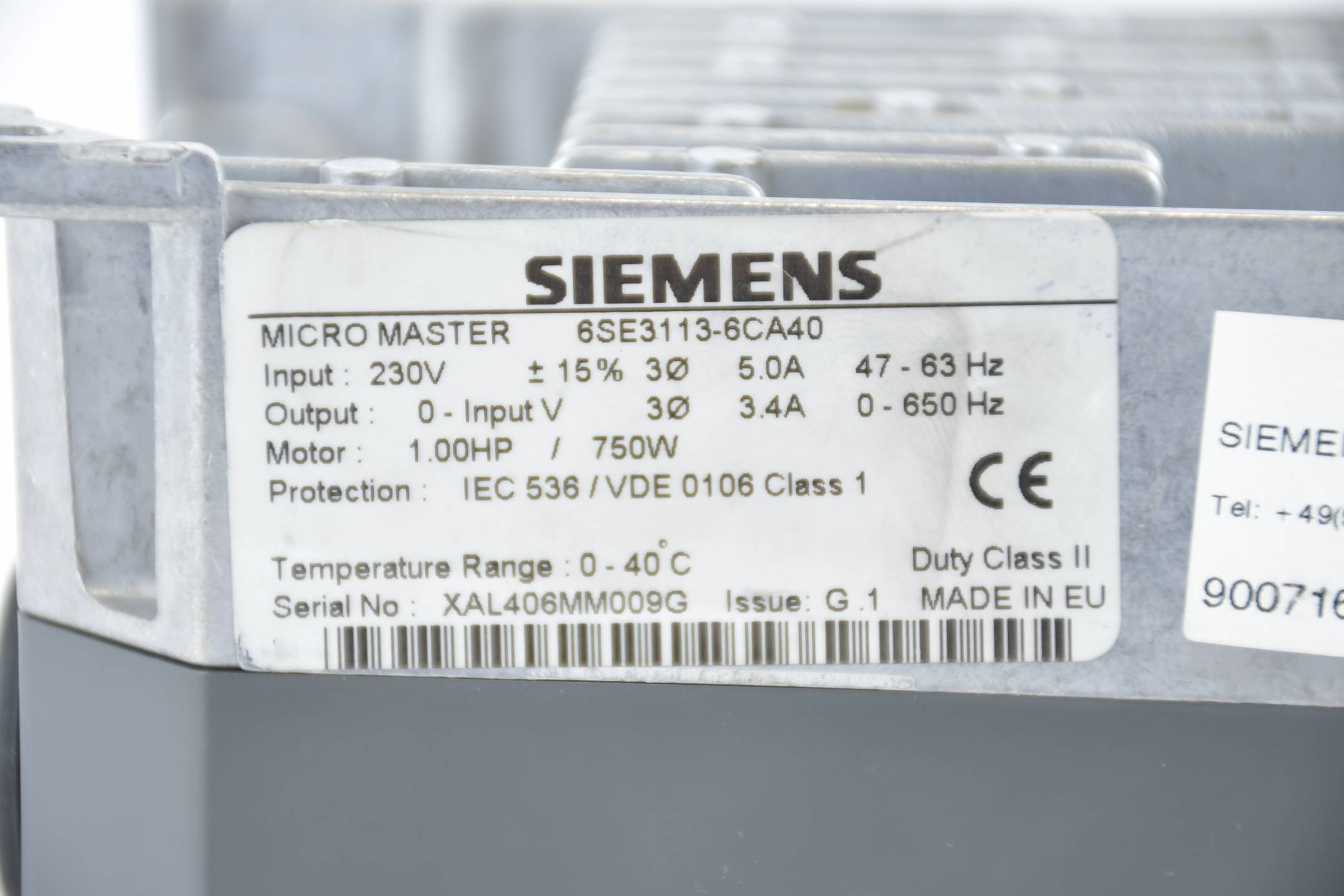 Siemens simovert P Micromaster 1/3-PH 6SE3113-6CA40 ( 6SE3 113-6CA40 ) Ver G.1