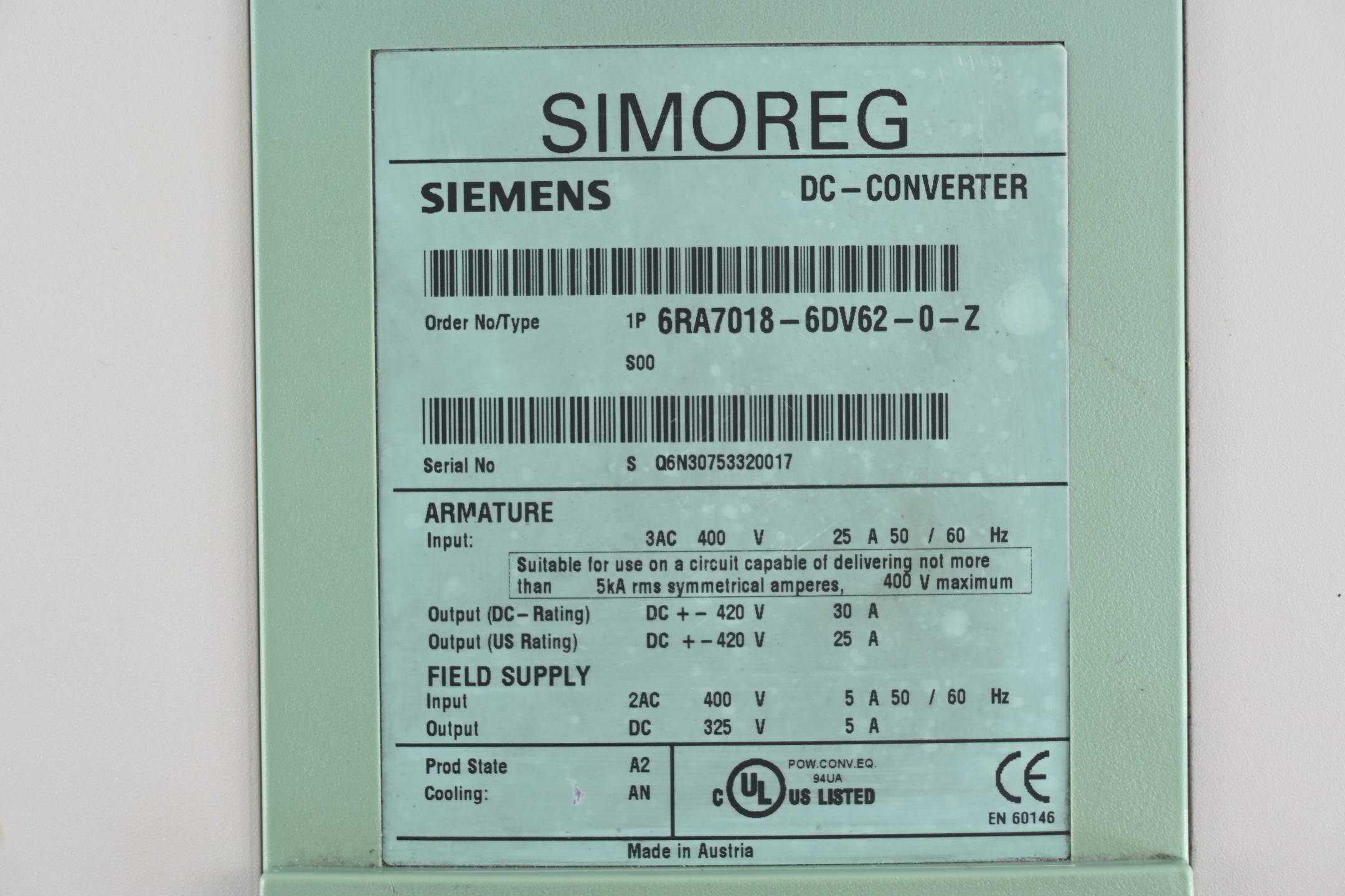 Siemens Simoreg DC Converter 6RA7018-6DV62-0-Z ( 6RA7 018-6DV62-0-Z ) E.A2 Z=S00