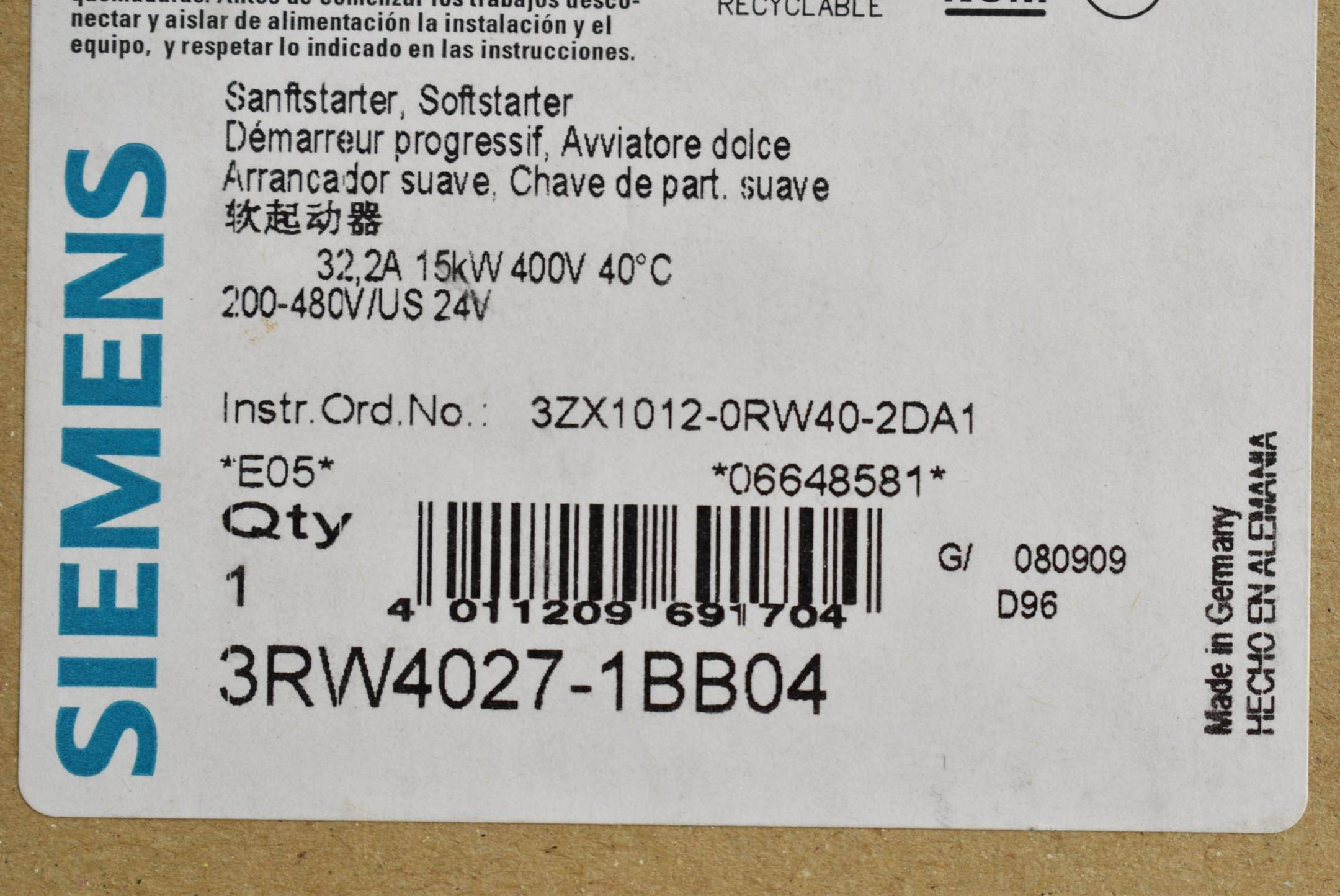 Siemens sirius Sanftstarter S0 3RW4 027-1BB04 ( 3RW4027-1BB04 ) E5