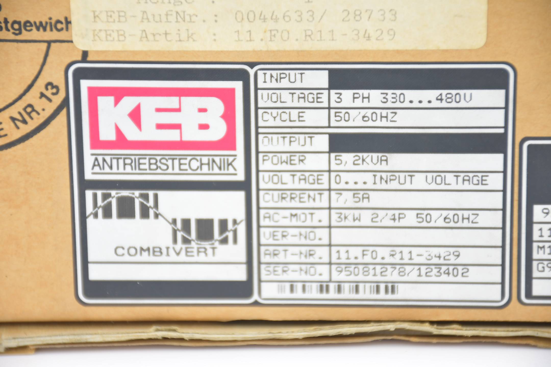 KEB combivert F0 Frequenzumrichter 11.F0.R11-3429 ( 11F0R11 )