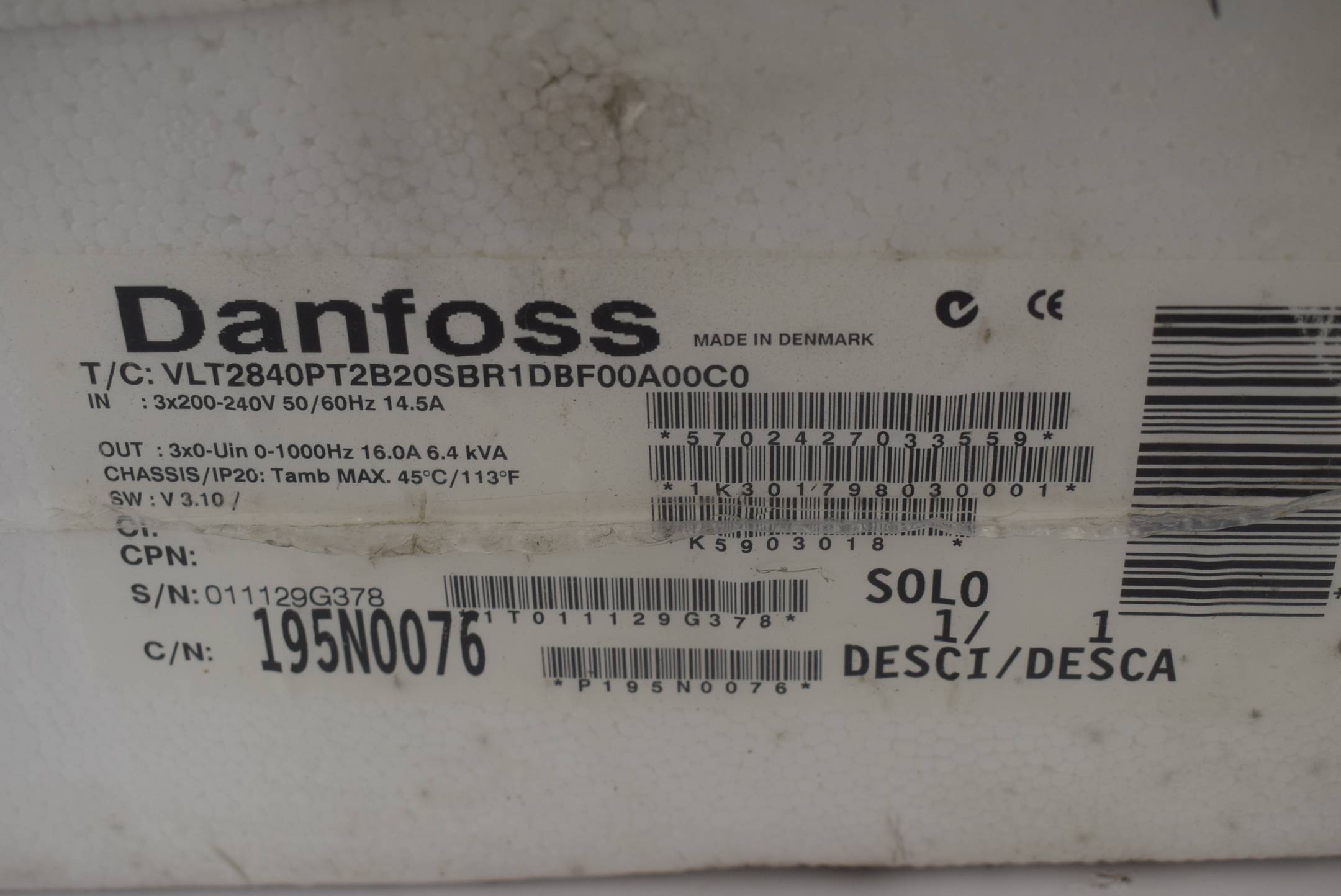 Danfoss VLT 5000 Frequenzumrichter VLT2840PT2B20SBR1DBF00A00C0 195N0076