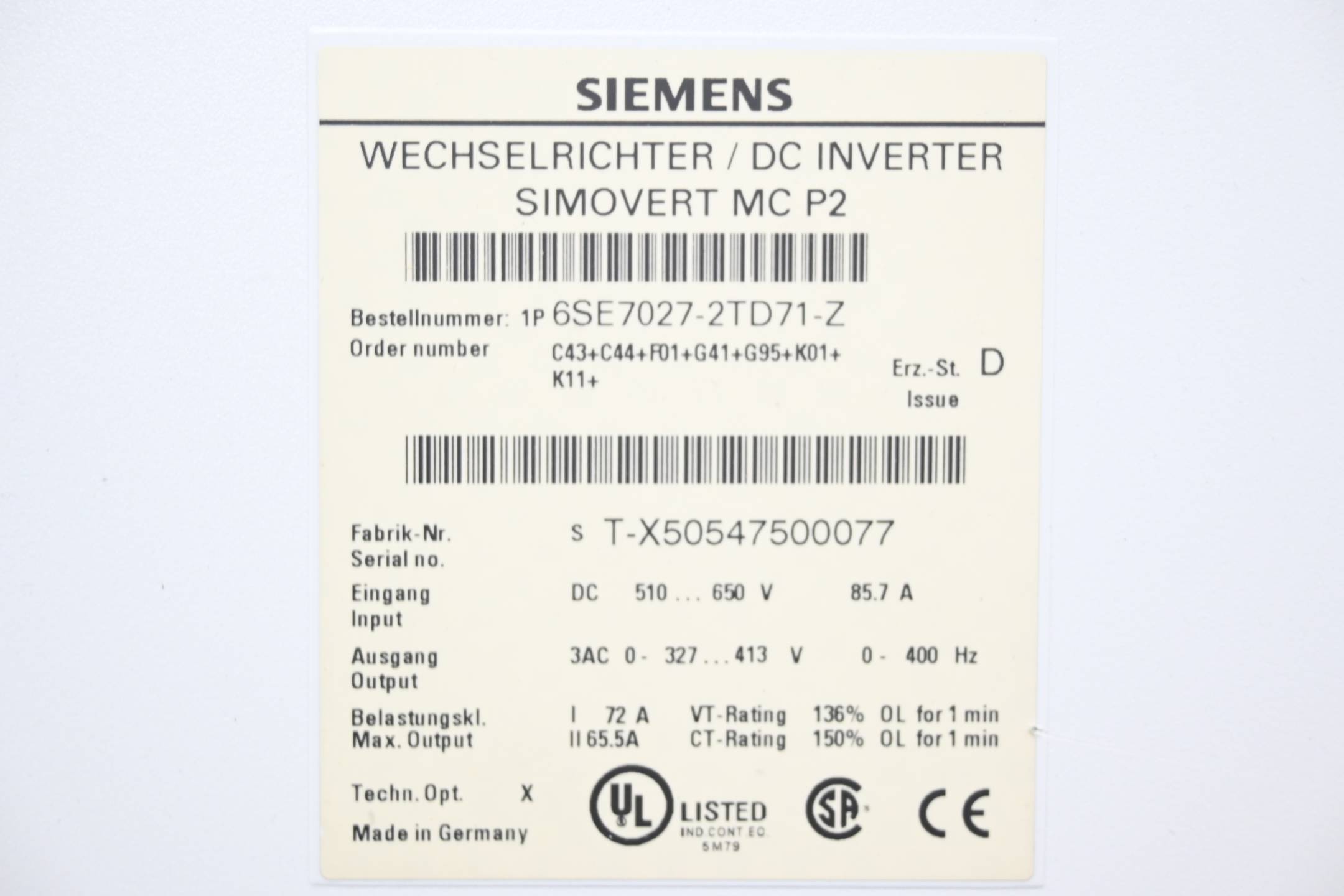 Siemens Simovert Wechselrichter 6SE7027-2TD71-Z ( 6SE7 027-2TD71-Z ) E-Stand: D