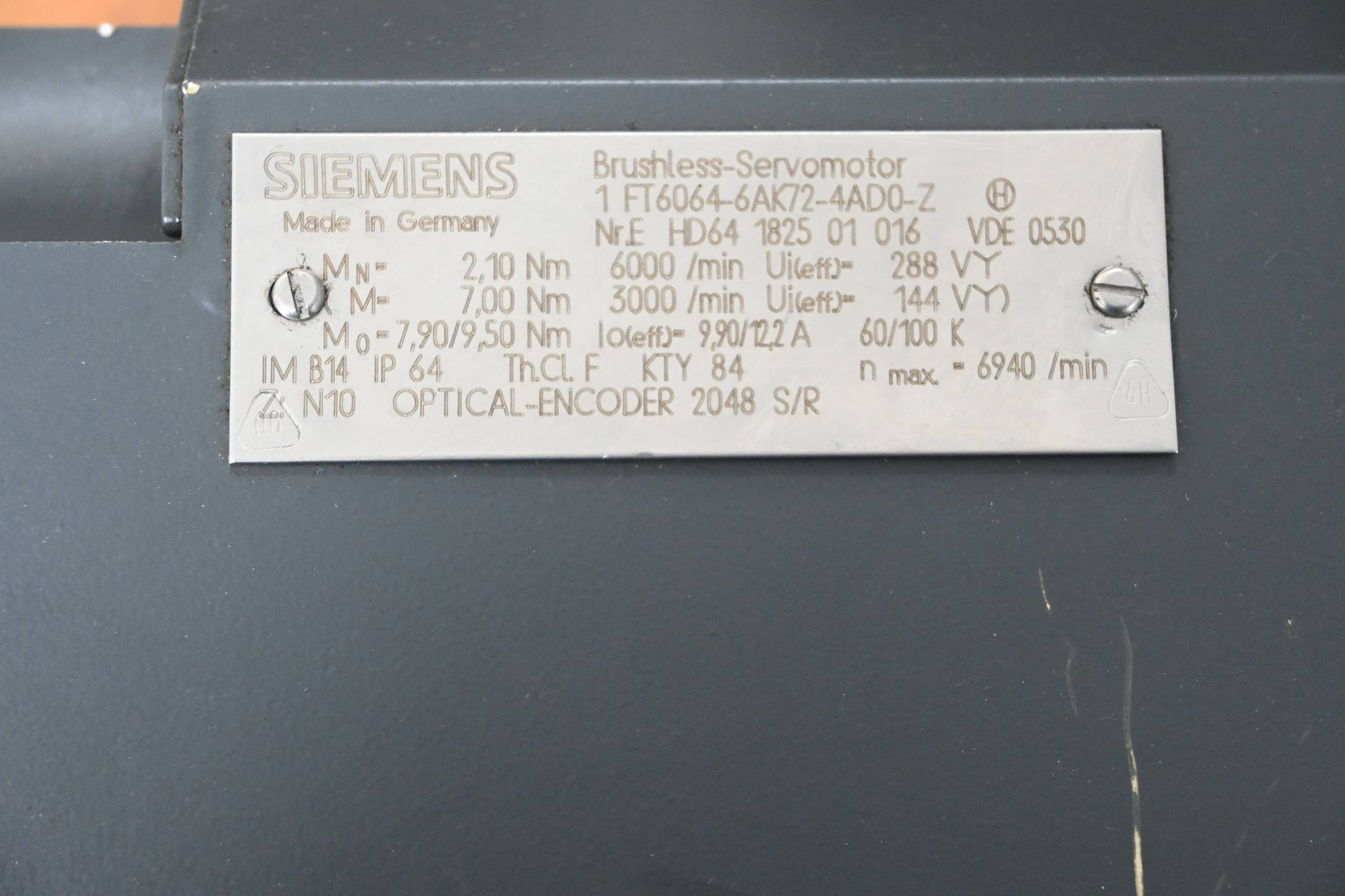 Siemens Brushless Servomotor 1FT6064-6AK72-4AD0-Z ( 1FT6 064-6AK72-4AD0-Z )Z=N10