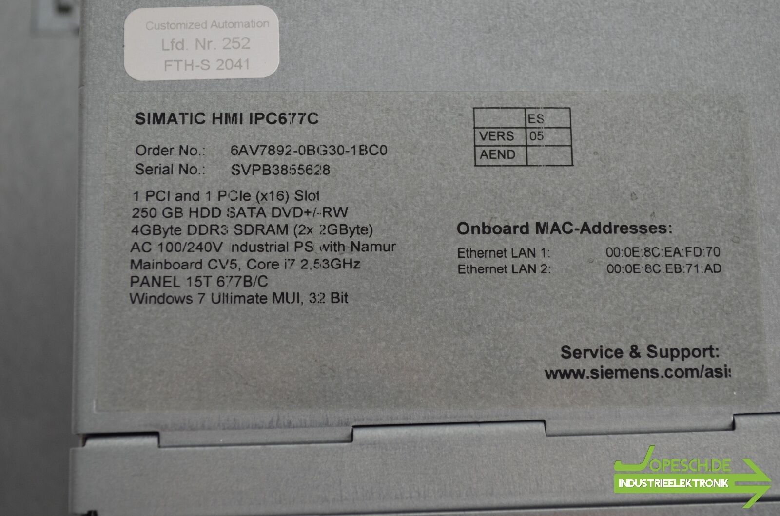 Siemens simatic HMI IPC677C 6AV7892-0BG30-1BC0 ( 6AV7 892-0BG30-1BC0 )