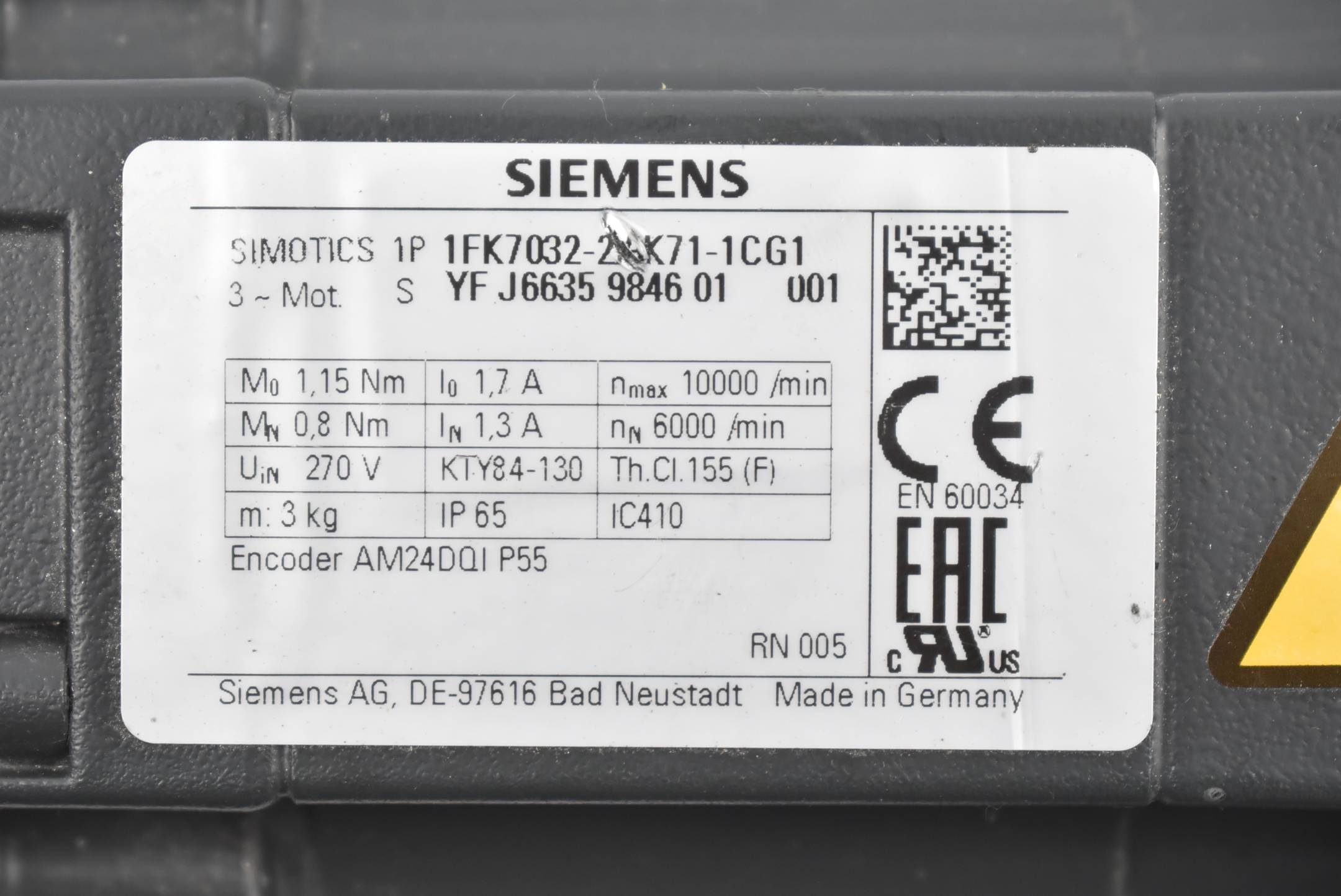 Siemens Synchronservomotor 1FK7032-2AK71-1CG1 ( 1FK7 032-2AK71-1CG1 )