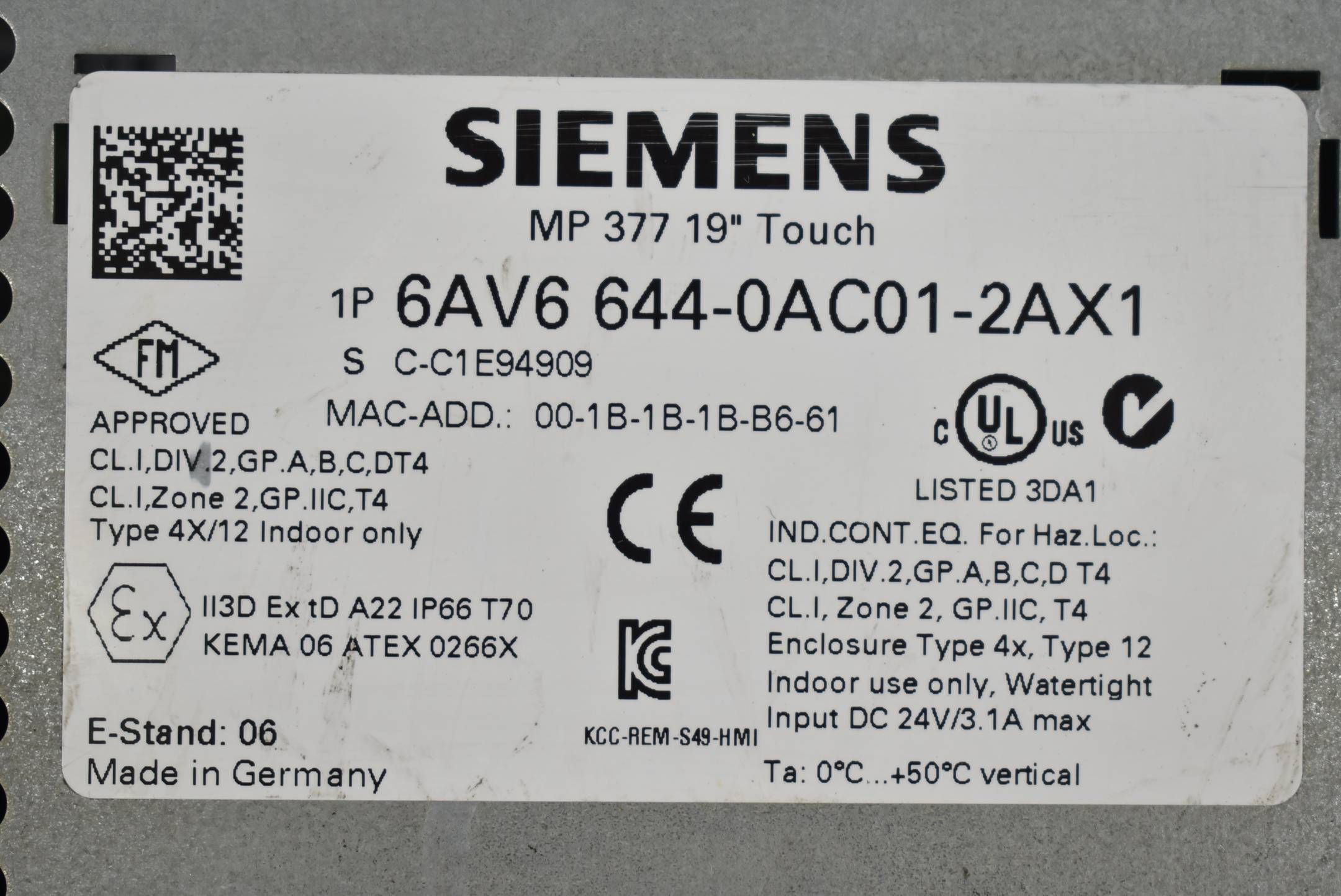 Siemens simatic MP377 19" Touch 6AV6 644-0AC01-2AX1 ( 6AV6644-0AC01-2AX1 ) E6