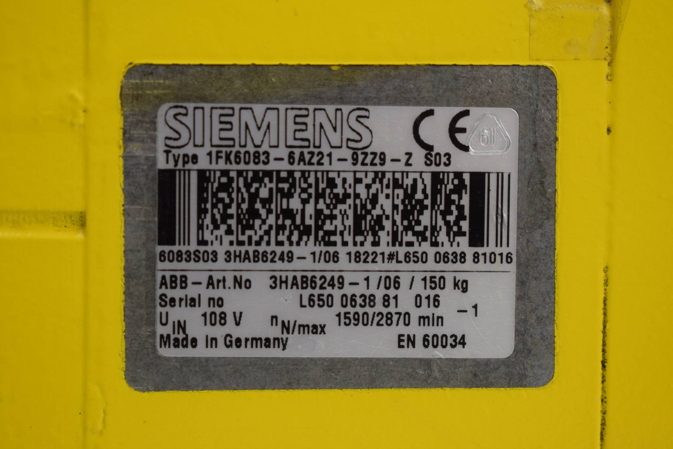 ABB Robotics Siemens 1FK6083-6AZ21-9ZZ9-Z ( 3HAB6249-1/06 ) 
