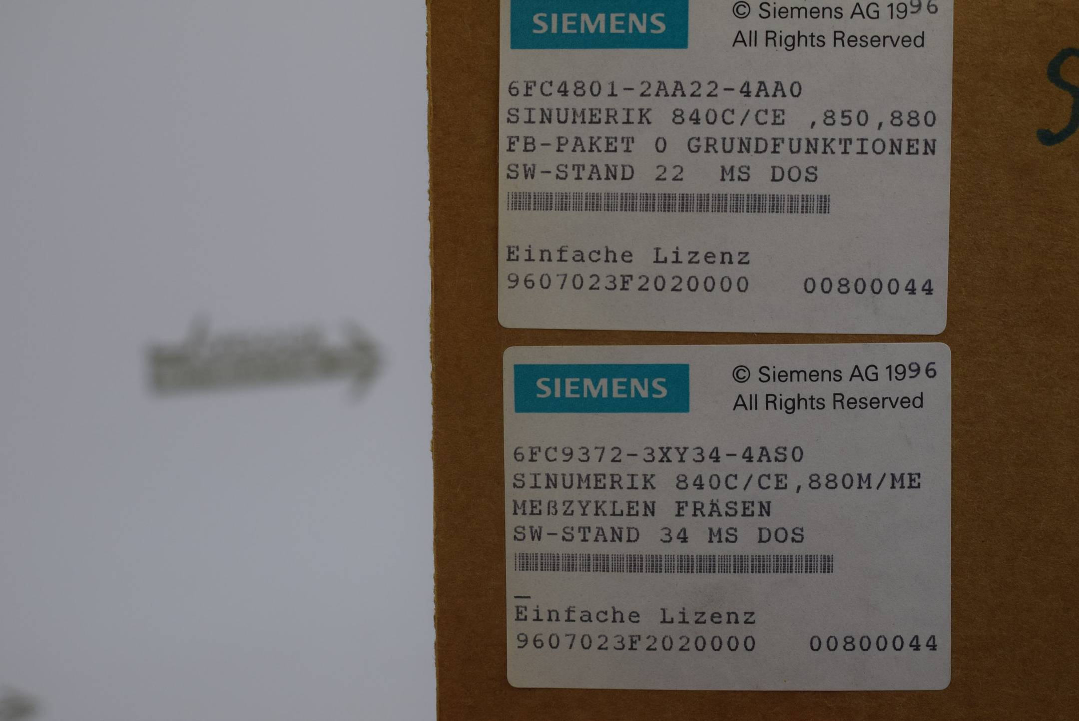 Siemens Einfache Lizenz für SINUMERIK 840C/CE, 850, 880 6FC4801-2AA22-4AA0 ( 6FC9372-3Y34-4AS0  für 840C/CE, 880M/ME )