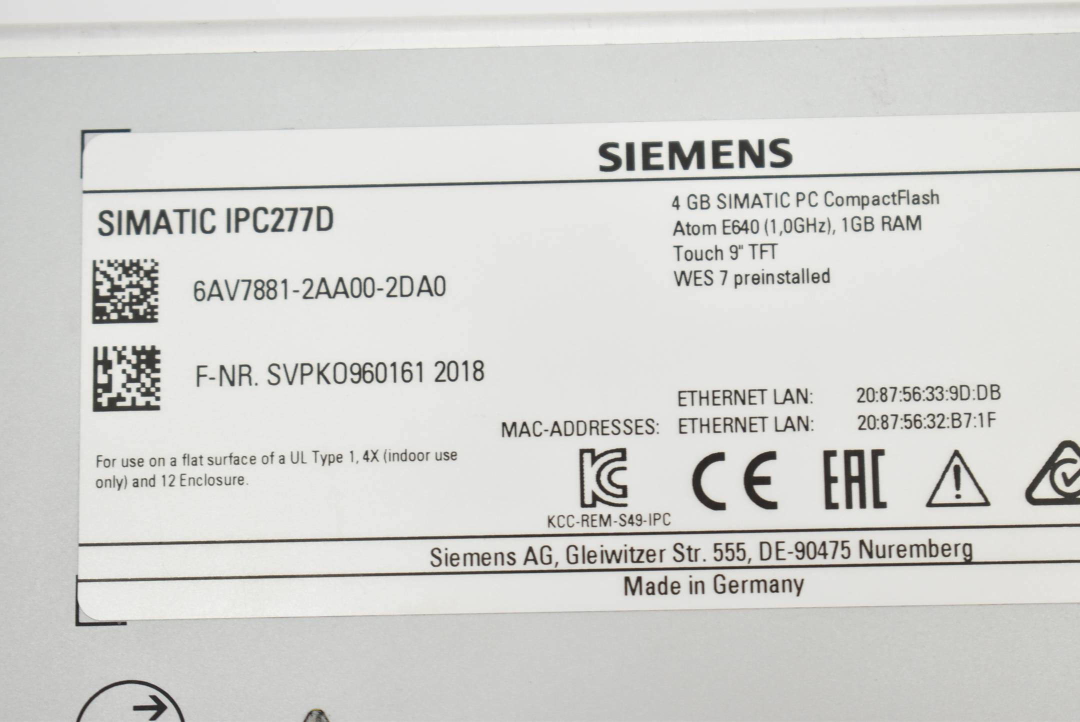 Siemens simatic IPC277D 9" Touch 6AV7881-2AA00-2DA0 ( 6AV7 881-2AA00-2DA0 )