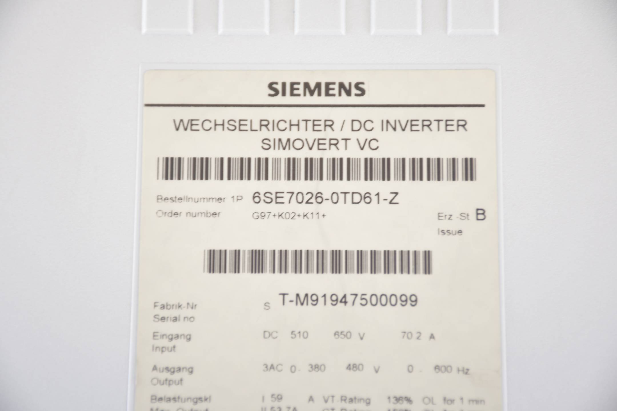 Siemens simovert Masterdrives 6SE7026-0TD61-Z ( 6SE7 026-0TD61 ) inkl. Z-Option