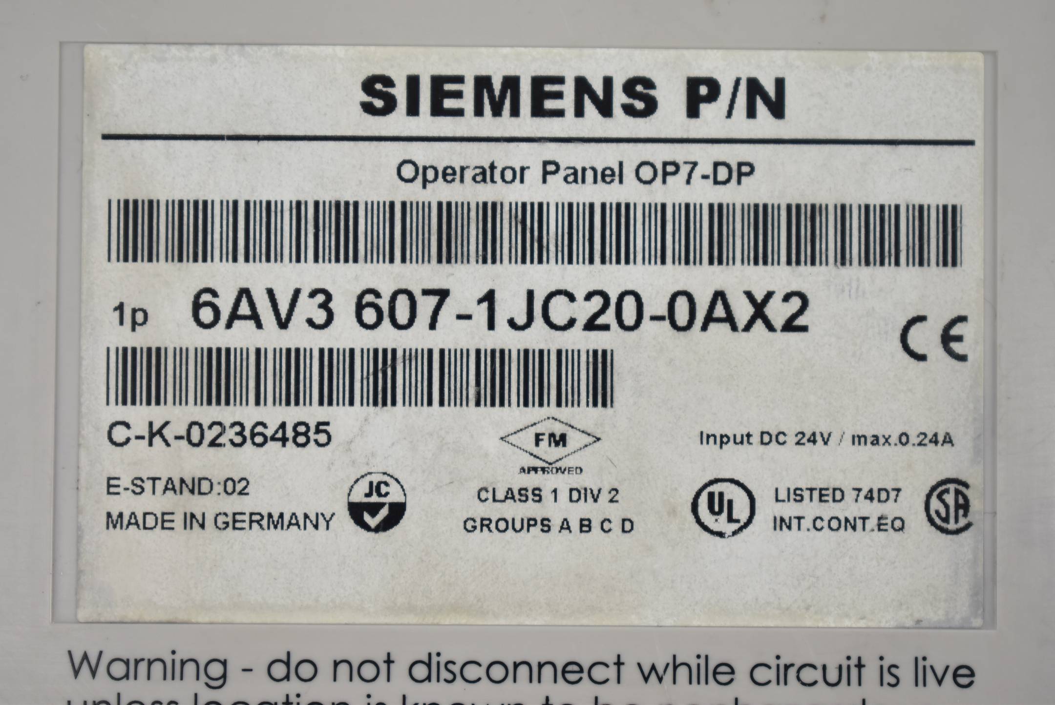 Siemens Operator Panel OP7/DP 6AV3607-1JC20-0AX2 ( 6AV3607-1JC20-0AX2 )