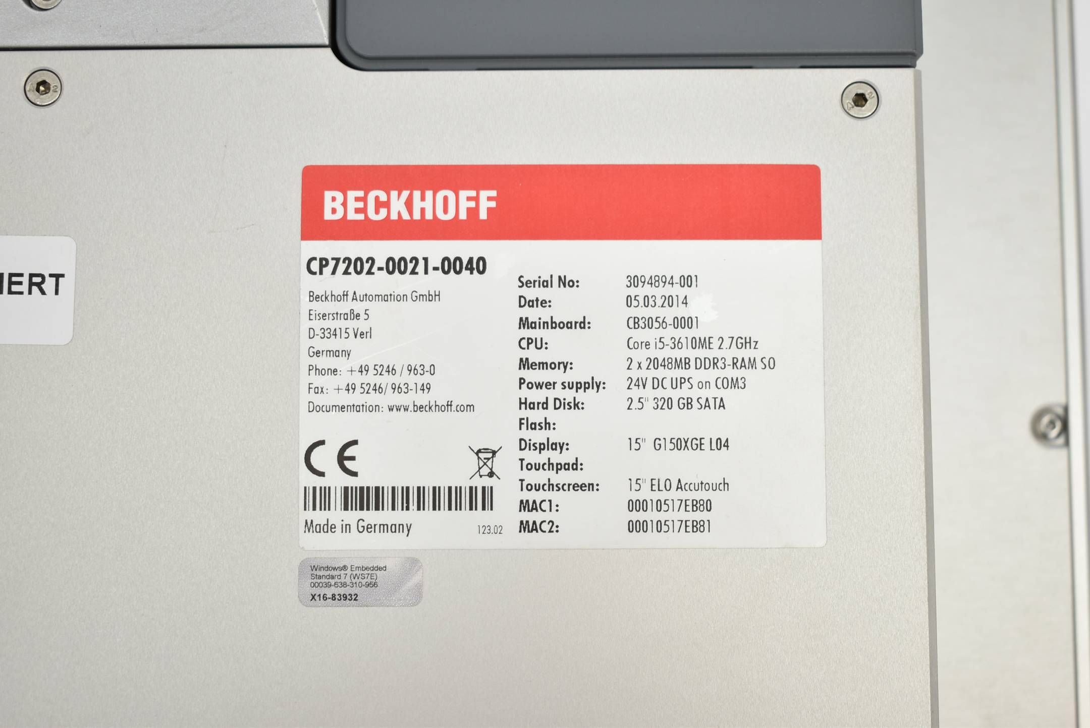 Beckhoff 15`` ELO Accutouch CP7202-0021-0040