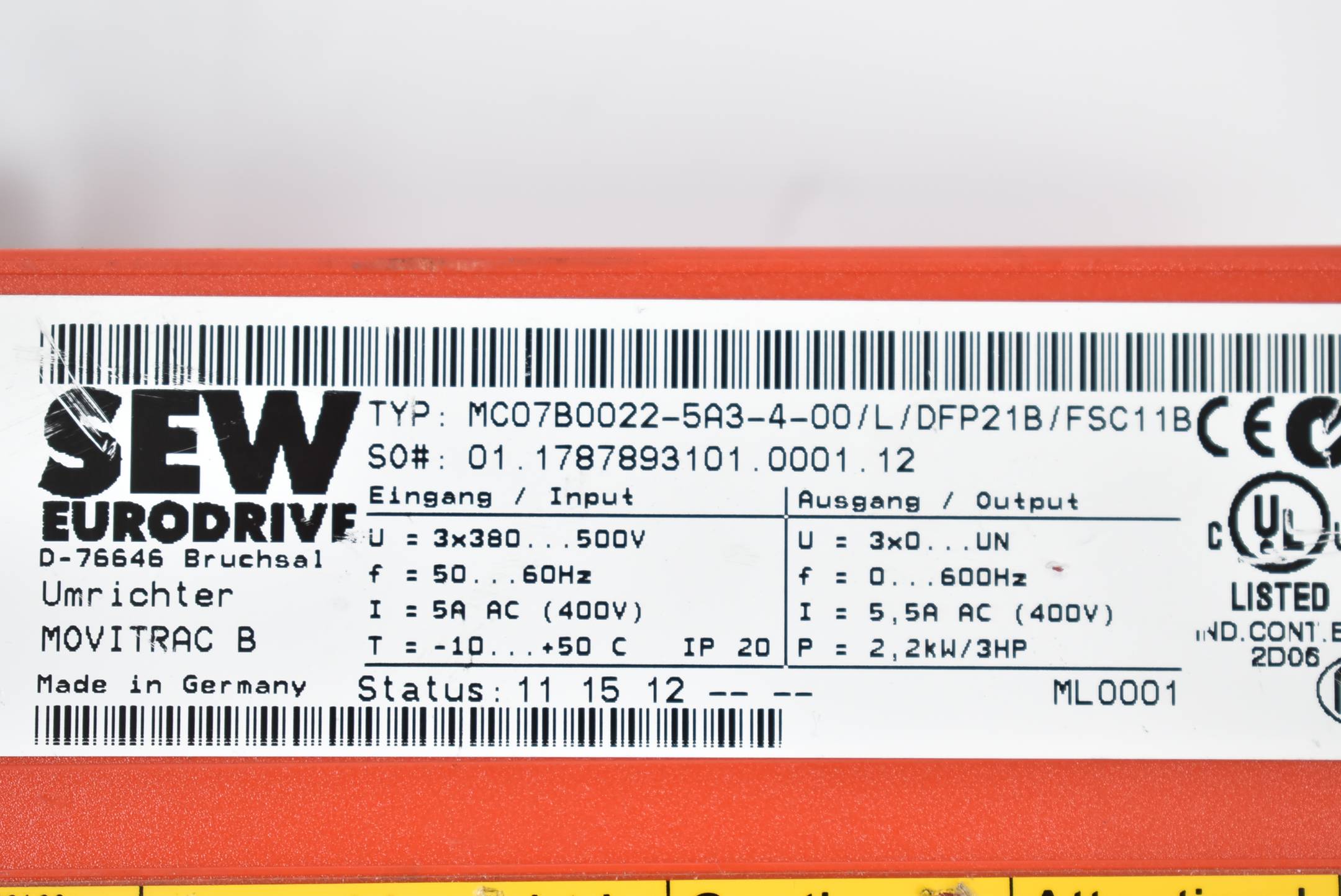 SEW Eurodrive Umrichter Movitrac B MC07B0022-5A3-4-00/L/DFP21B/FSC11B 