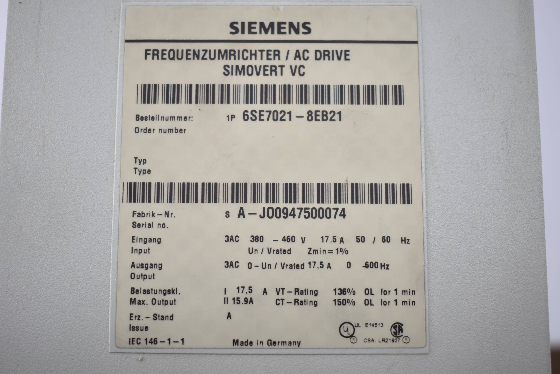 Siemens simovert VC Frequenzumrichter 6SE7021-8EB21 Ver. A