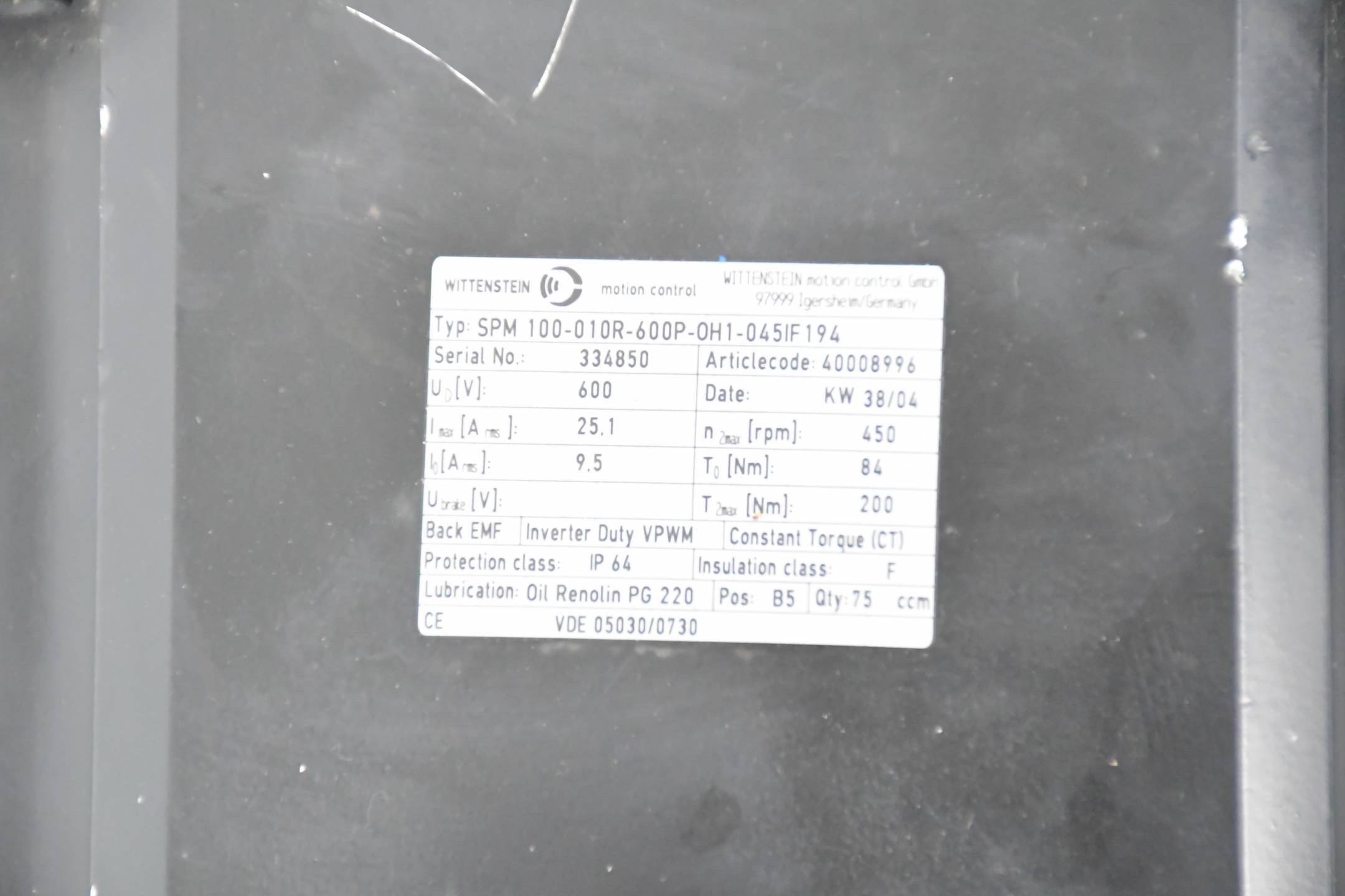Wittenstein Servomotor SPM 100-010R-600P-0H1-045IF194