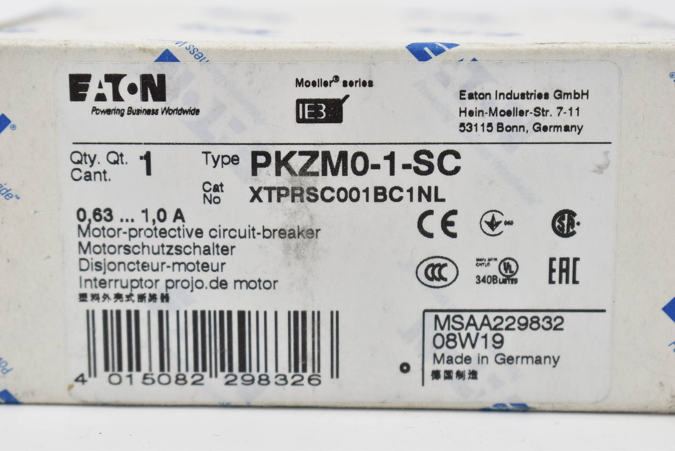 Eaton Motorschutzschalter 0,63-1,0A PKZM0-1-SC ( XTPRSC001BC1 )