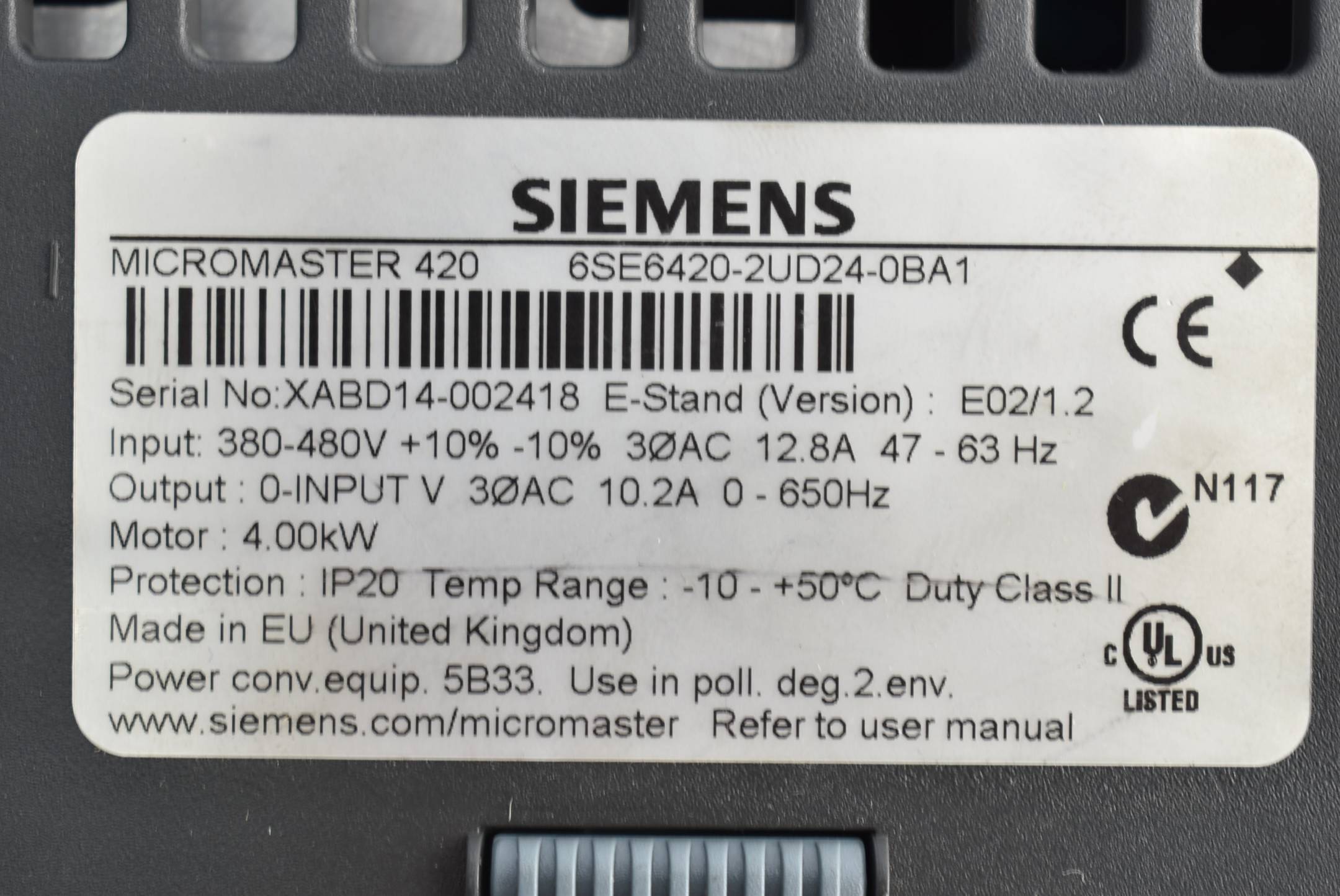 Siemens Micromaster 420 6SE6 420-2UD24-0BA1 ( 6SE6420-2UD24-0BA1 ) E02/1.2