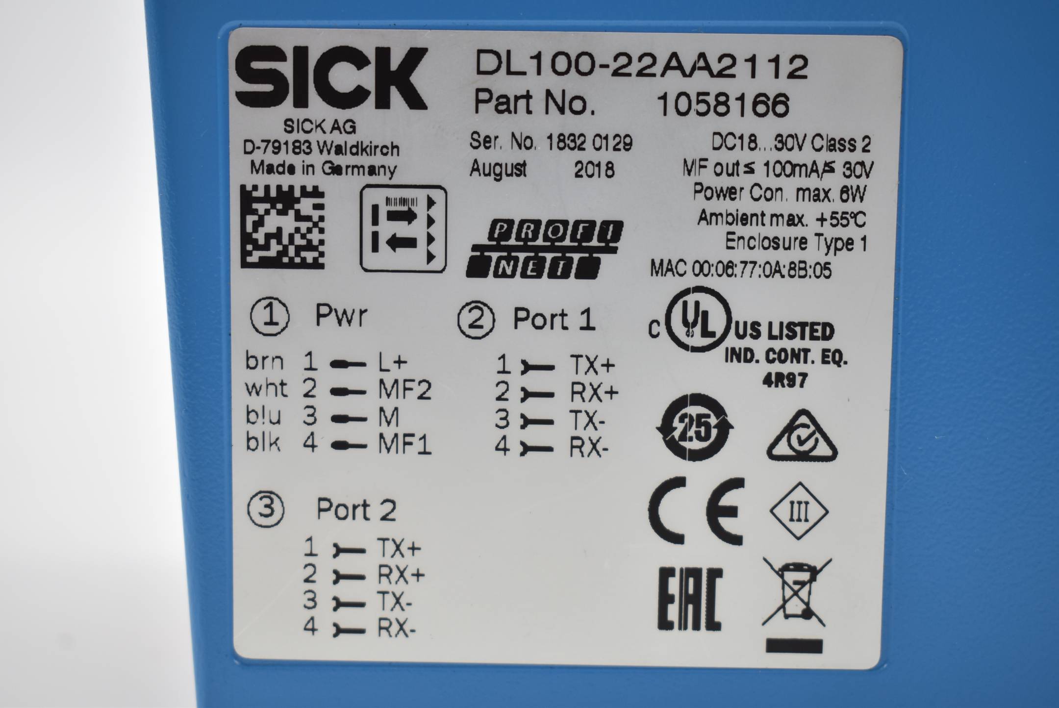 Sick Laser-Distanzsensor DL100-22AA2112 ( 1058166 ) 18-30VDC 100mA 6W