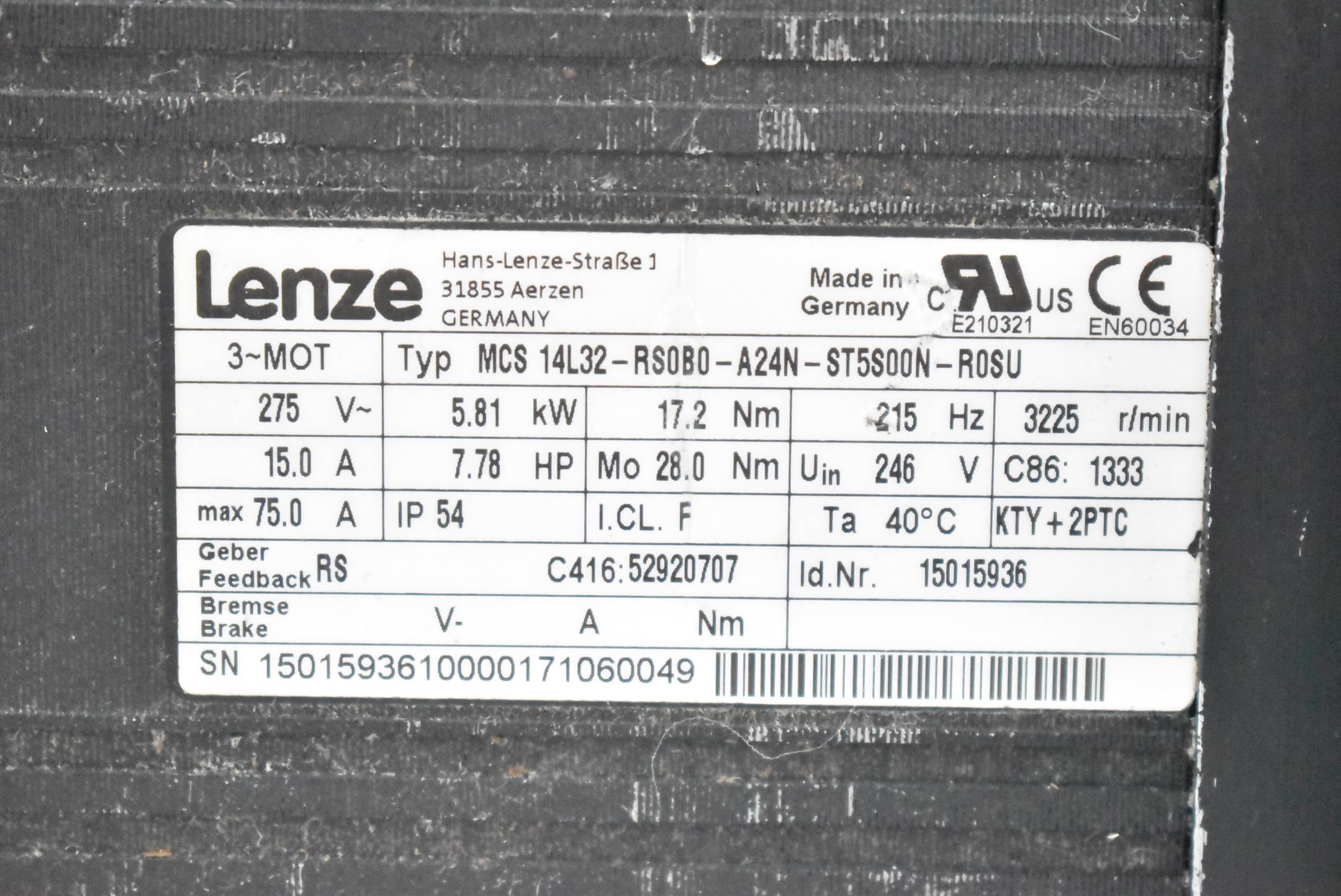 Lenze Servomotor 275V 5,81kW 17,2Nm 215Hz MCS 14L32-RS0B0-A24N-ST5S00-R0SU
