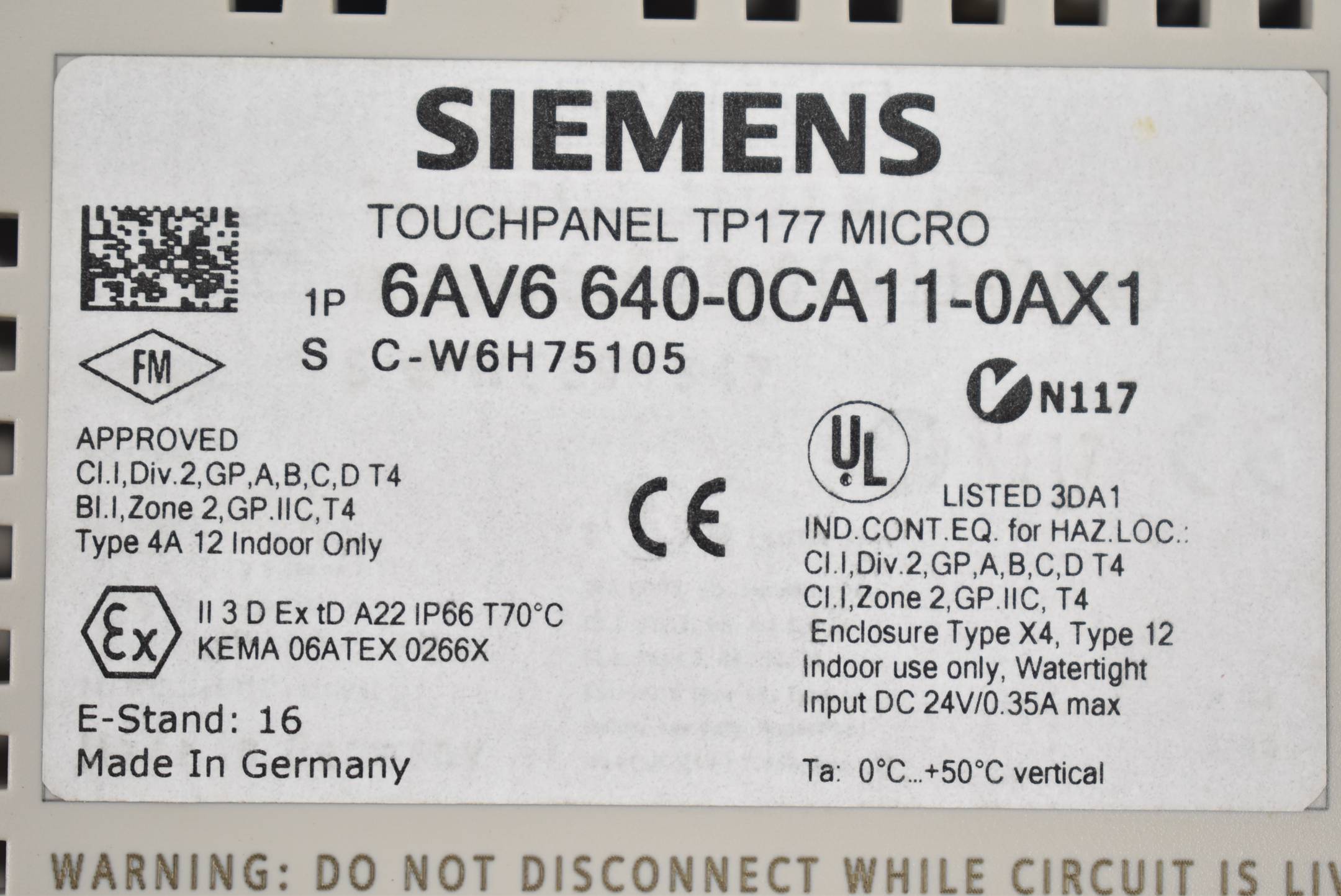 Siemens simatic TP 177 Micro 6AV6 640-0CA11-0AX1 ( 6AV6640-0CA11-0AX1 ) E16