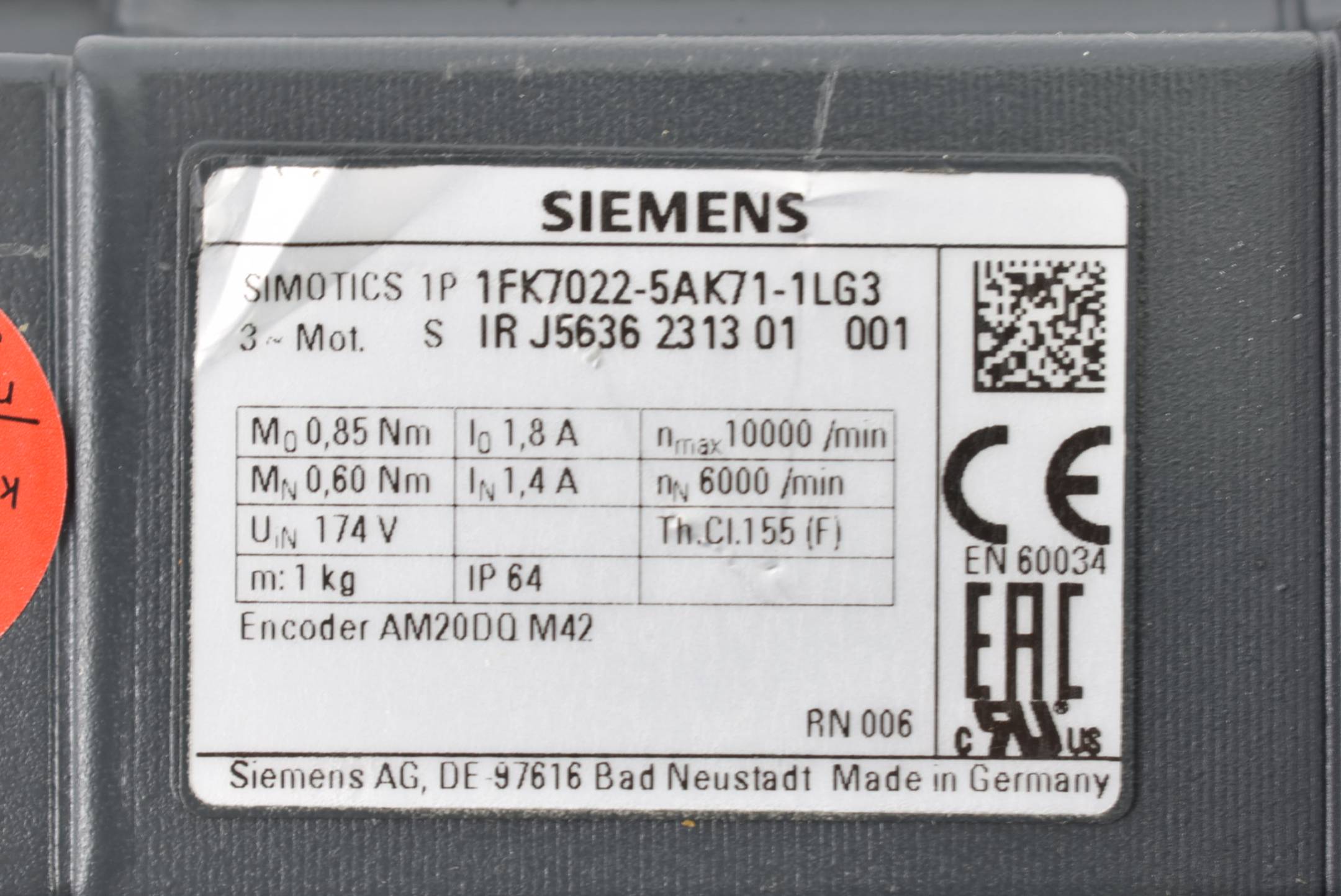 Siemens simotics S 6000U/min. 0,38kW 1FK7 022-5AK71-1LG3 ( 1FK7022-5AK71-1LG3 )