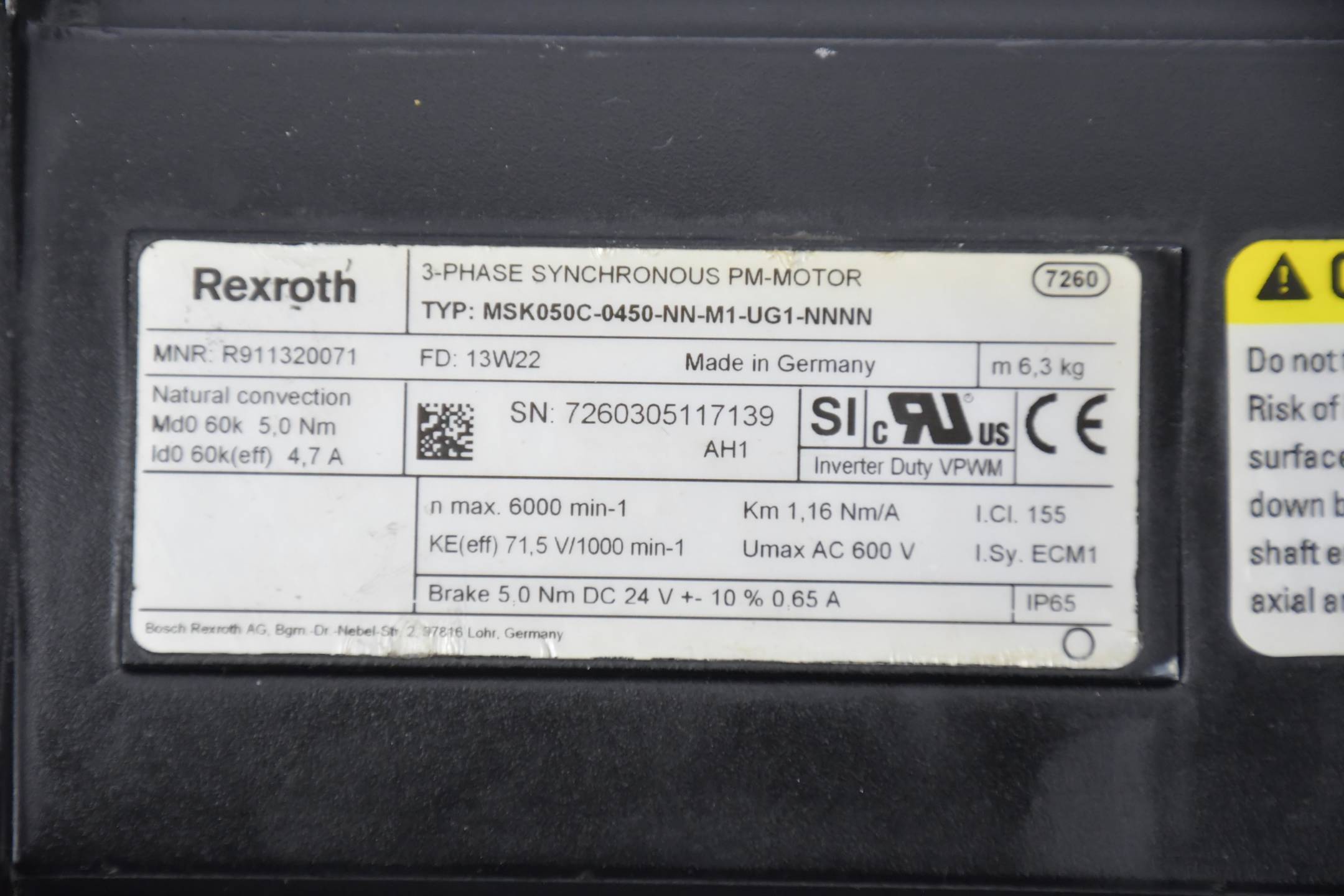 Rexroth 3-Phase Synchronus PM-Motor MSK050C-0450-NN-M1-UG1-NNNN R911320071