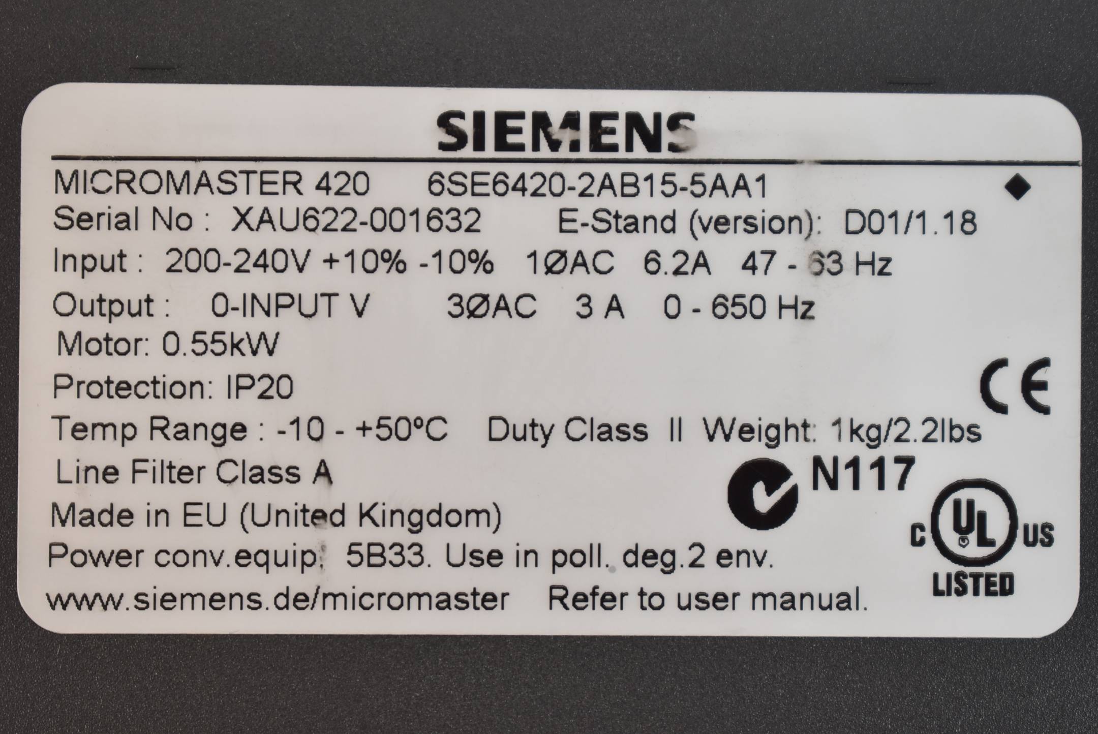 Siemens Micromaster 420 6SE6420-2AB15-5AA1 inkl. BOP 6SE6400-0BP00-0AA0