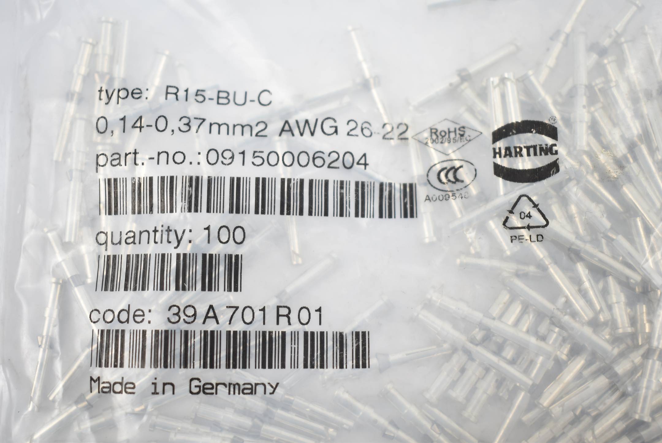 Harting Crimpkontakt R15-BU-C ( 09150006204 ) 0,14-0,37mm² AWG 26-22 ( VE 100x )
