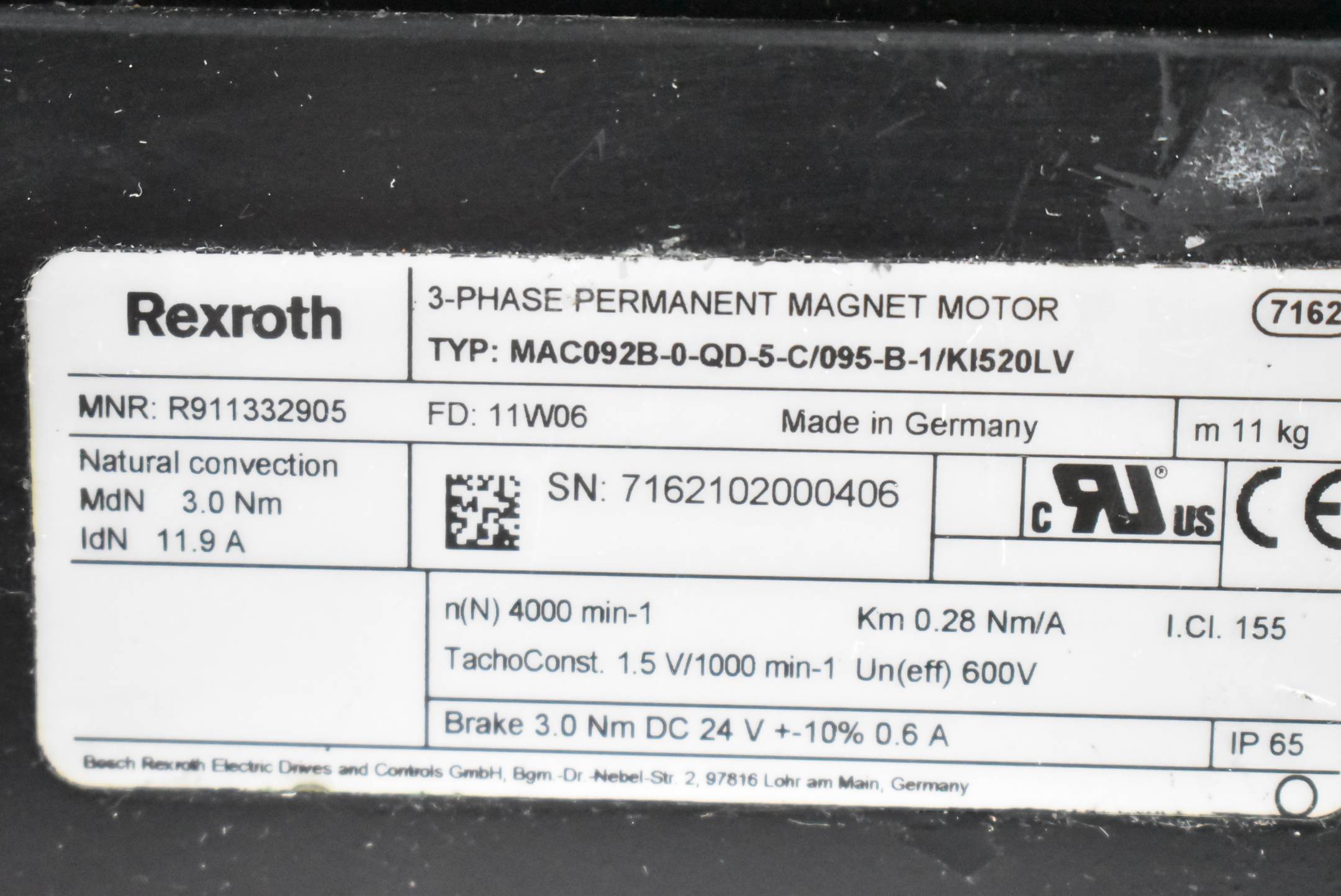 Rexroth Motor 3,0Nm 11,9A 400rpm MAC092B-0-QD-5-C/095-B-1/KI520LV / R911332905