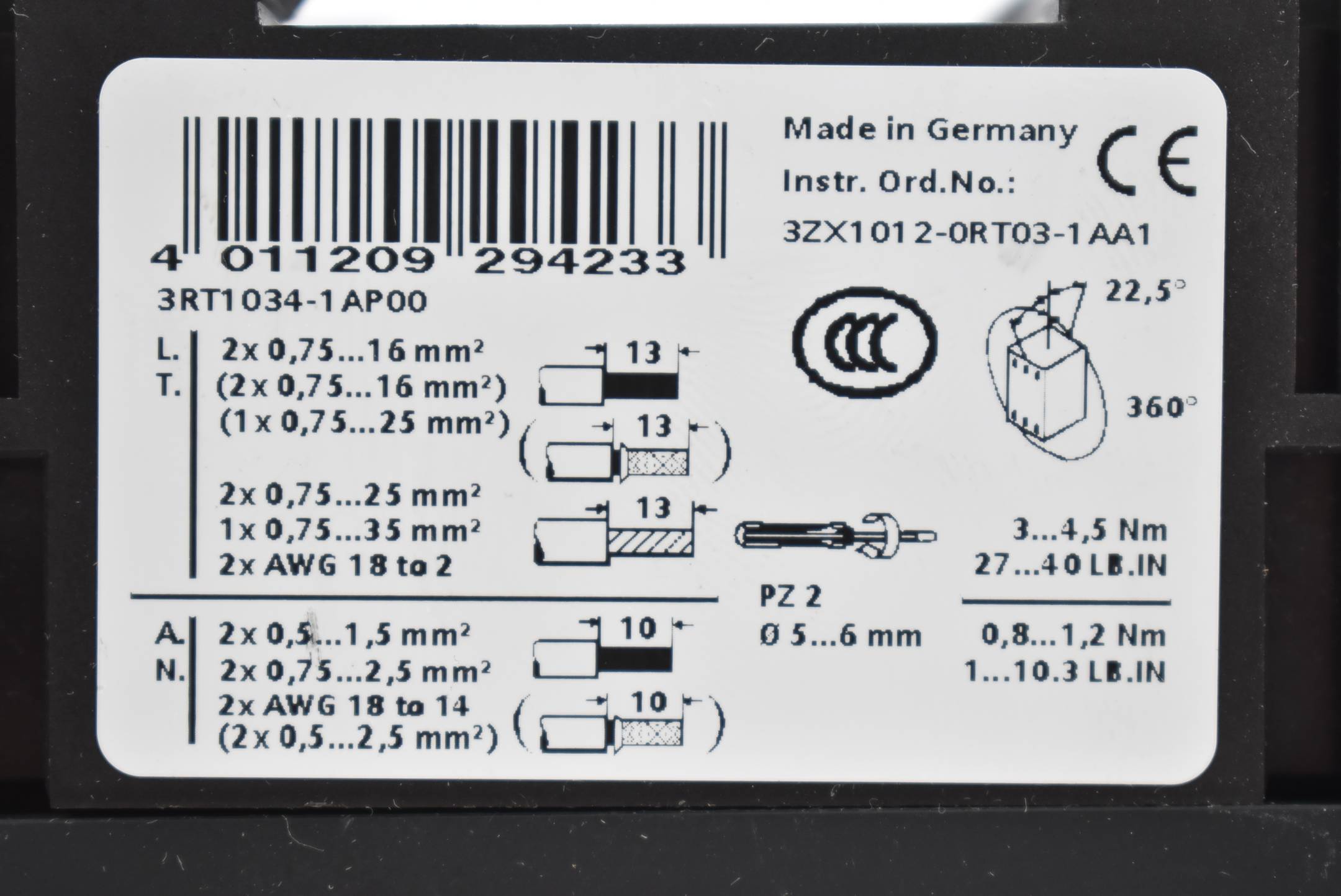 Siemens Sirius Leistungsschütz 3RT1034-1AP00 ( 3RT1 034-1AP00 ) + 3RT1926-1BD00