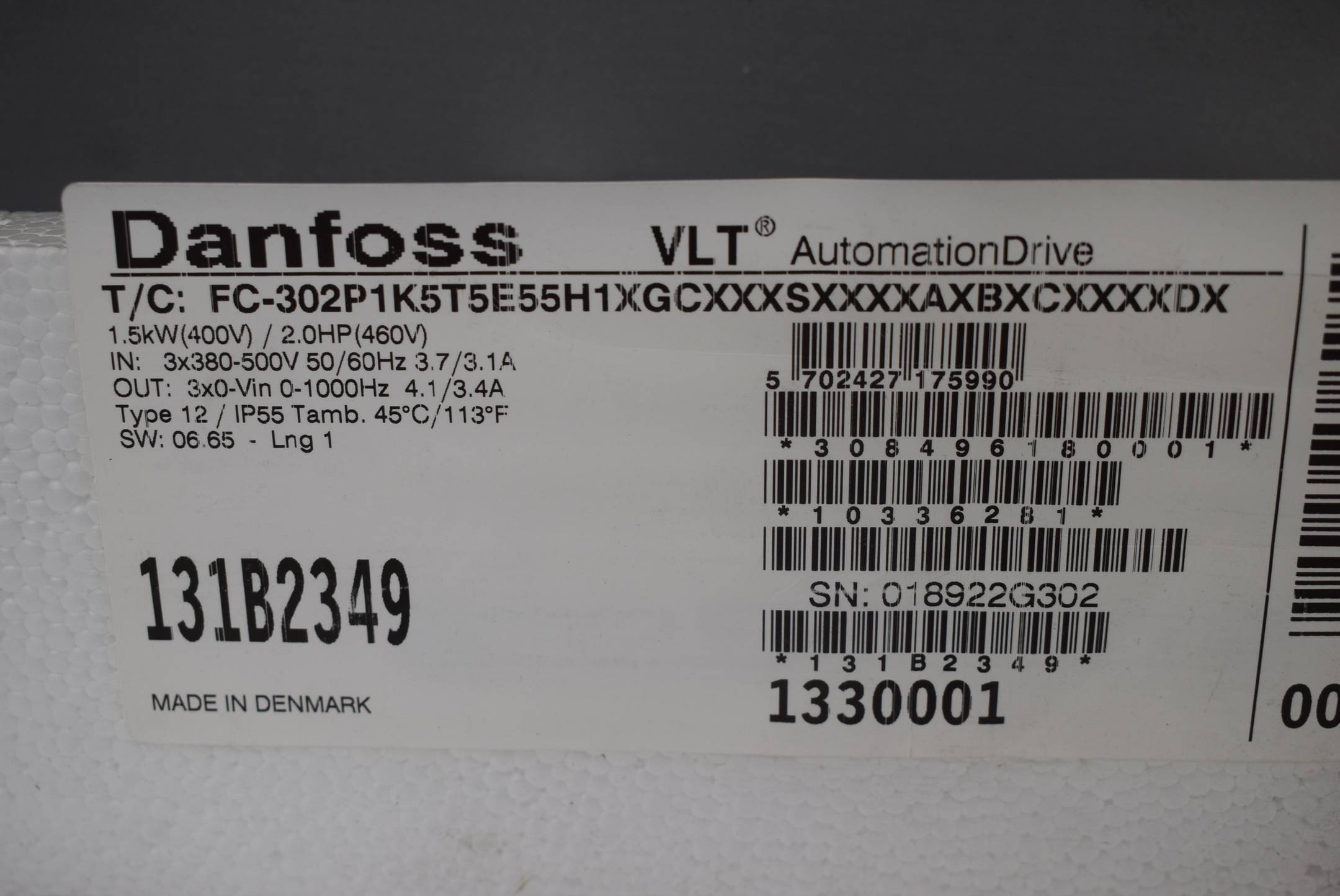 Danfoss VLT Frequenzumrichter FC-302P1K5T5E55H1XGCXXXSXXXXAXBXCXXXXDX 131B2349