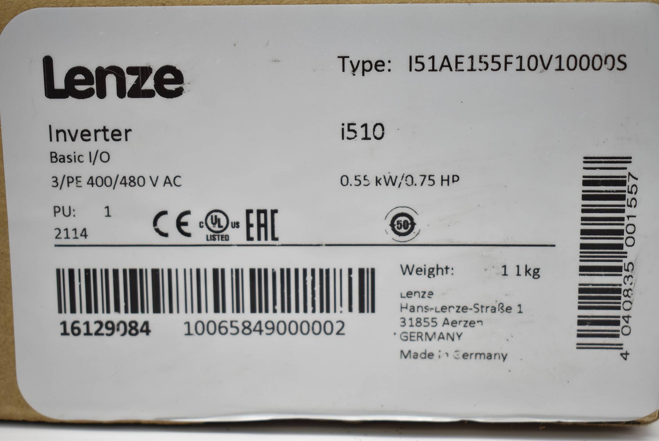 Lenze i510 Inverter I51AE155F10V10000S ( 400/480VAC 0,55kW 0,75HP )