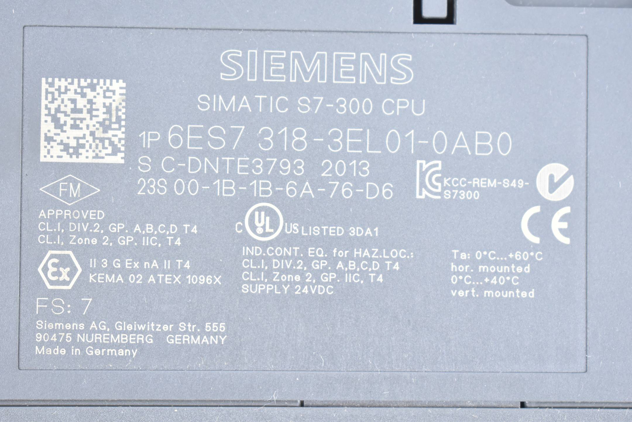 Siemens Simatic S7-300 CPU 319-3 PN/DP 6ES7318-3EL01-0AB0 ( 6ES7 318-3EL01-0AB0 ) E7